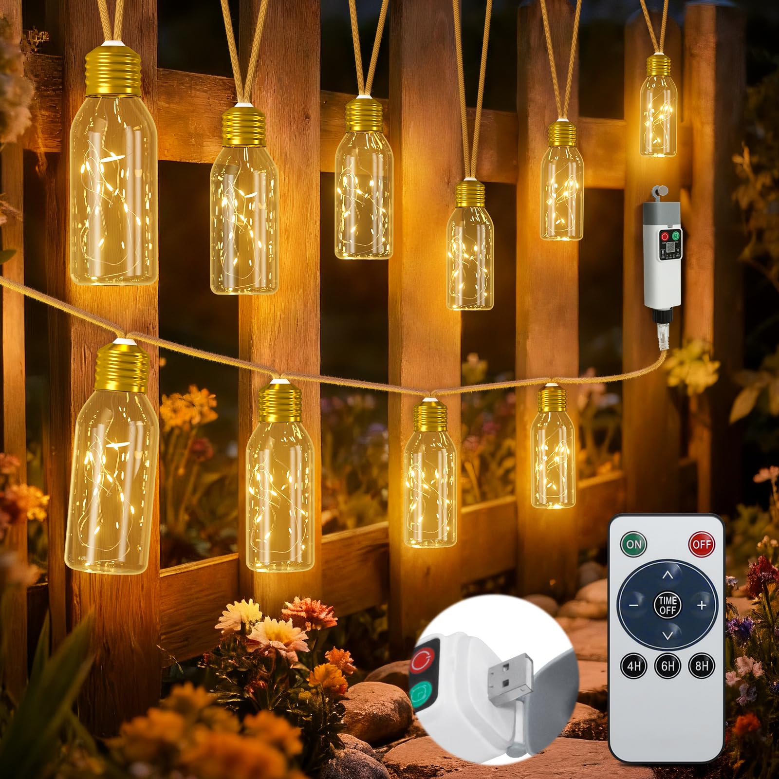 PChero 19.68FT USB Rechargeable Outdoor String Lights with Remote, 10 Shatterproof Bulbs Vintage Hemp Rope Patio Lights, 8 Modes Hanging Fairy Lights for Indoor Outdoor Decor, Balcony, Wedding, Party