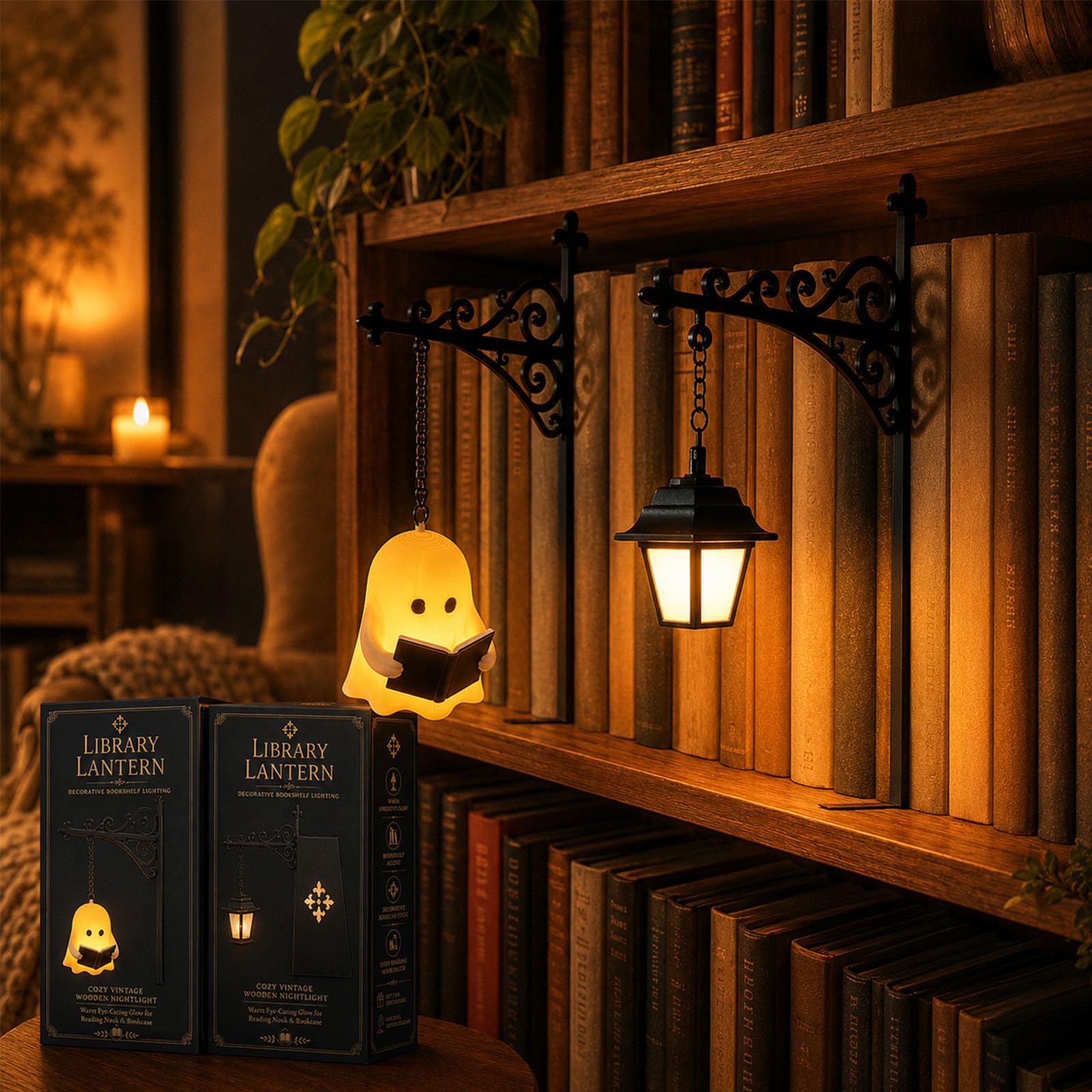 Tomtsucb Library Lantern-Decorative Bookshelf Lighting, 2-Pack Vintage LED Book Nook Lights with Bookend-Style Bases, Warm Bookshelf Lamps for Home Library, Study, Reading Corner & Book Lovers，2-A