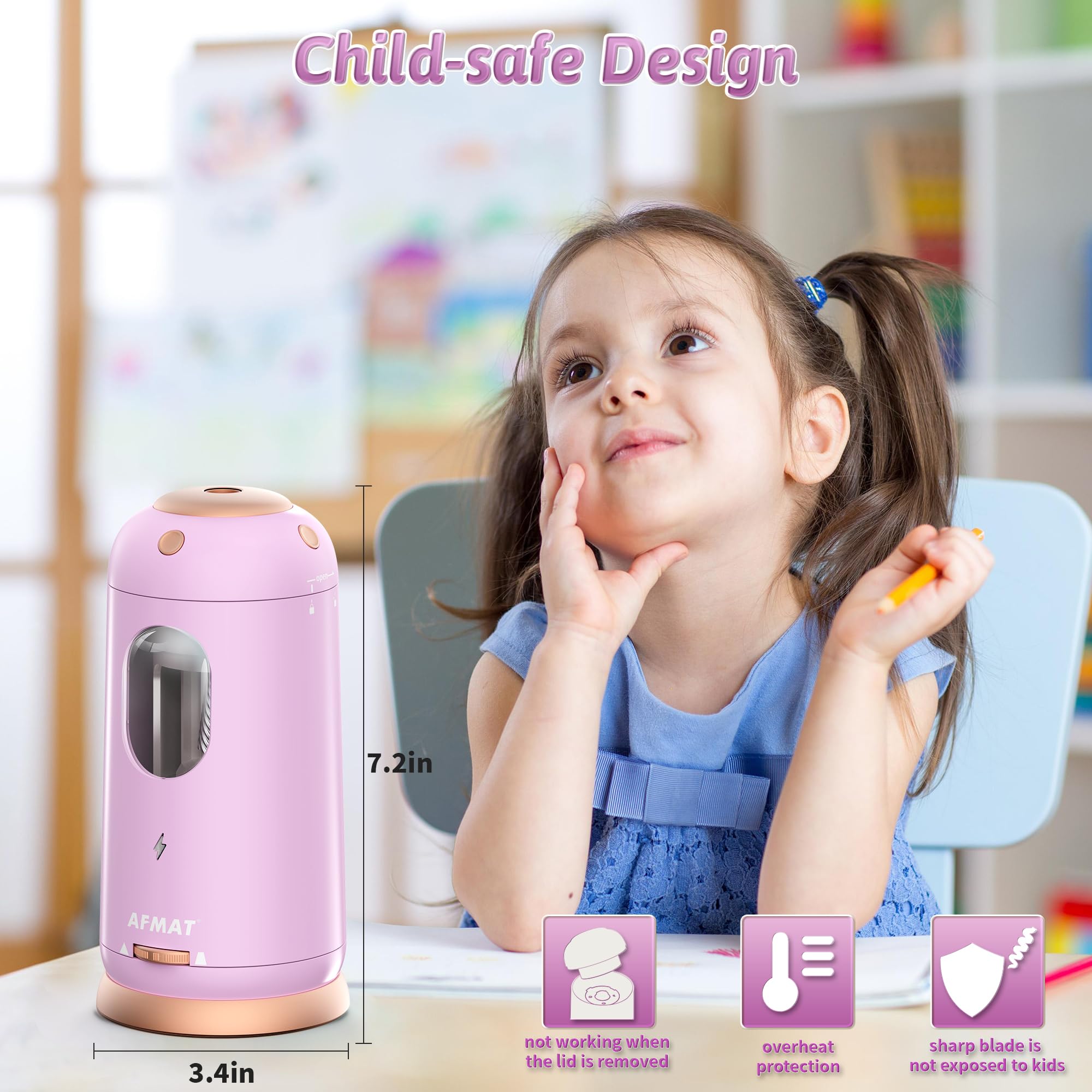 AFMAT Electric Pencil Sharpener, Rechargeable Automatic Pencil Sharpeners for Large Pencil 7-11.5mm, Auto in/Out, Ringdots Desktop Sharpener with Container for School/Home/Office Use, Purple, PSC8 - Image 2