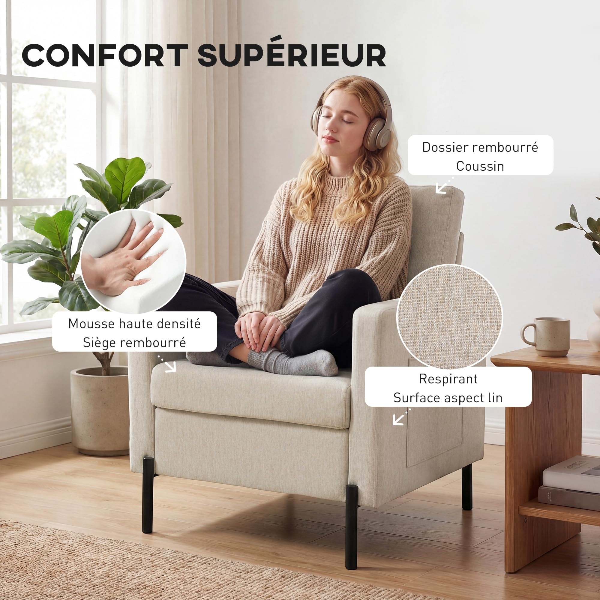 HOMCOM Fauteuil de Salon, canapé 1 Place rembourré avec accoudoirs, Assise Large et Pieds en Acier, Tissu Effet Lin, Style Moderne, pour Chambre à Coucher, Salon, Bureau, Beige