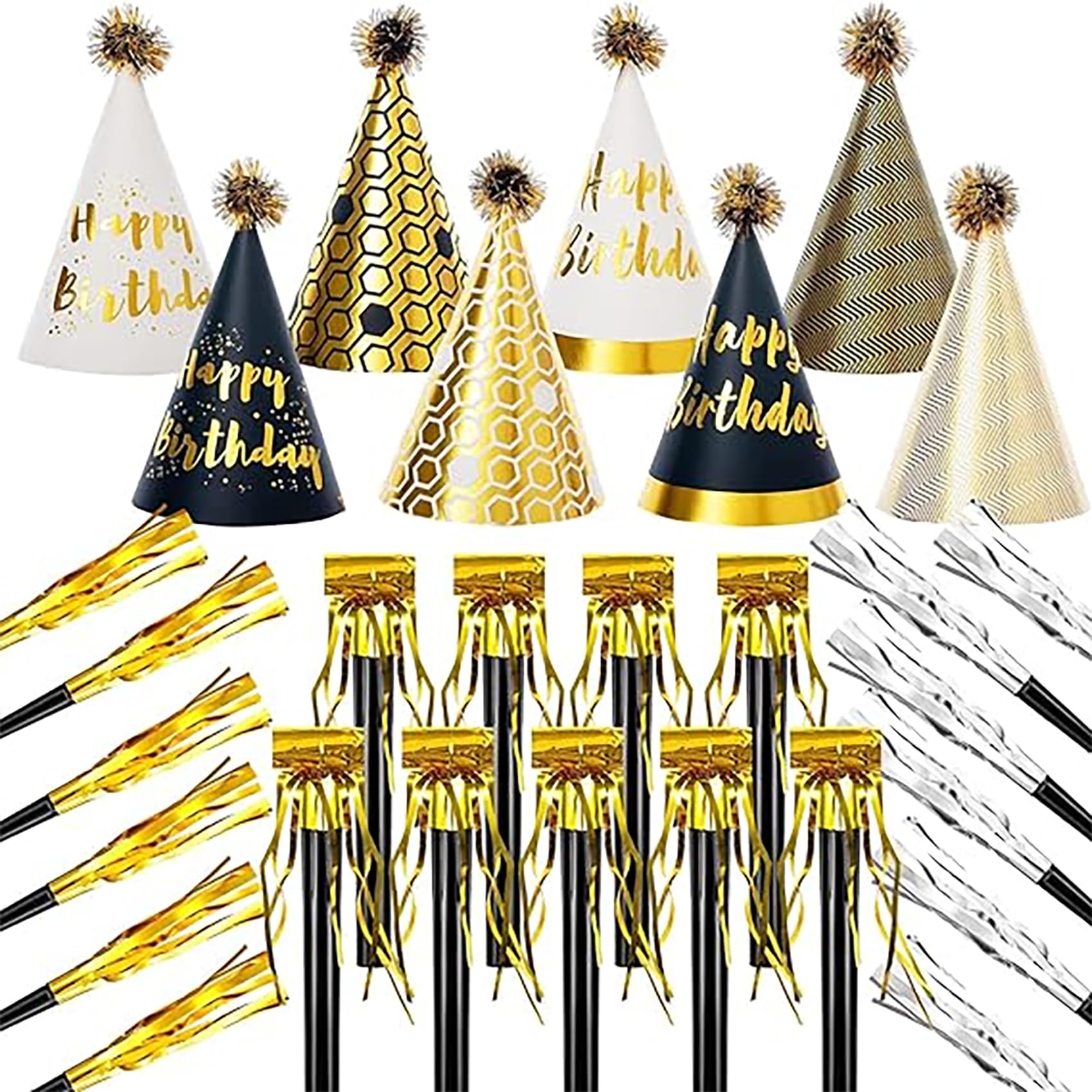32 Pcs Gold Birthday Party Hats Gold Cone Hats Includes 10 Birthday Paper Hats and 22 Gold Noise Makers