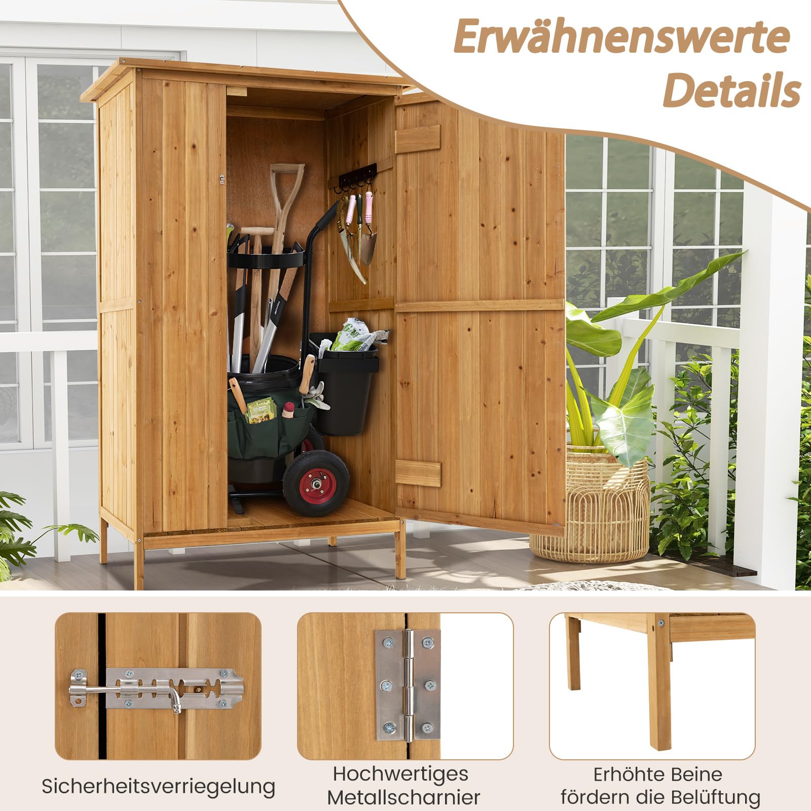 COSTWAY Gartenschrank Holz, Geräteschuppen mit Asphalt-Dach & 3 Regalen & 5 Haken, Gerätehaus mit Abschließbare Tür, Outdoor Gartenhaus für Hinterhof, Terrasse, 91 x 66 x 150 cm