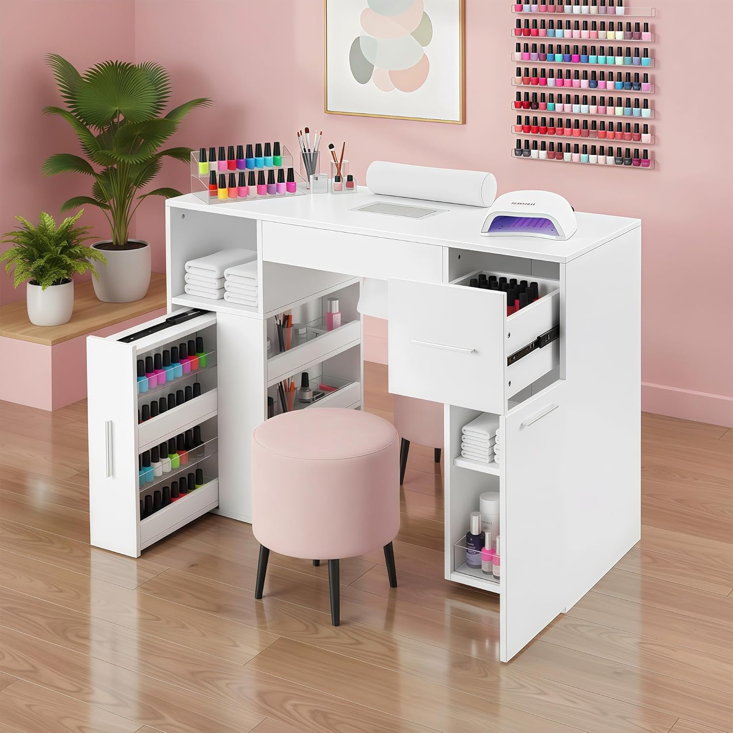 Manicure Table Nail Desk for Nail Tech Wrist Rest, Acetone Resistant Station, Beauty Salon Workstation with Drawers Storage Cabinets