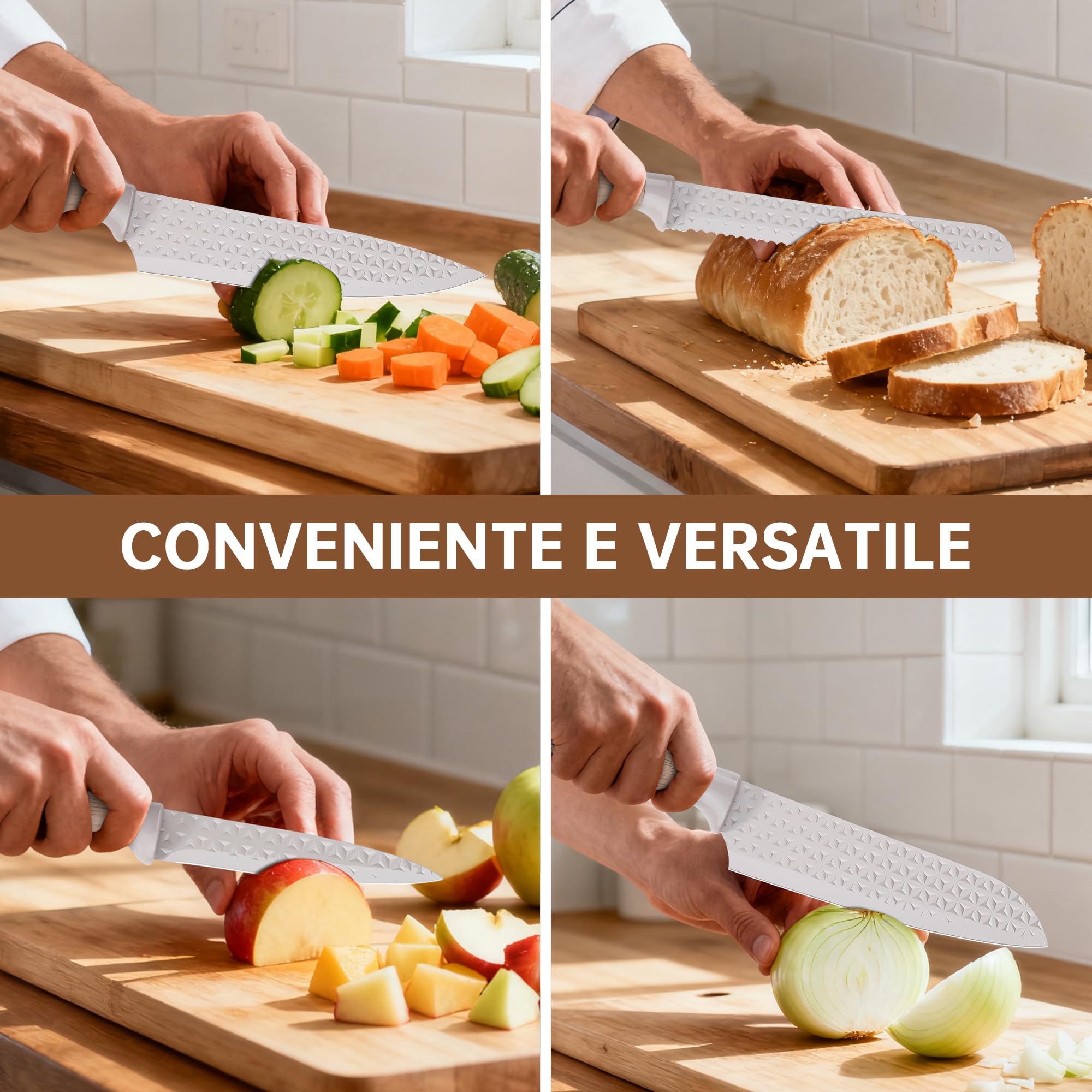 Set di Coltelli: Set di Coltelli da 6 Pezzi Comprende 2 Coltelli da Cucina, 1 Coltello da Pane, 1 Paio di Forbici e Un Ceppo Portacoltelli Universale, Set da Cucina, Carne, Verdura e Frutta, Cachi