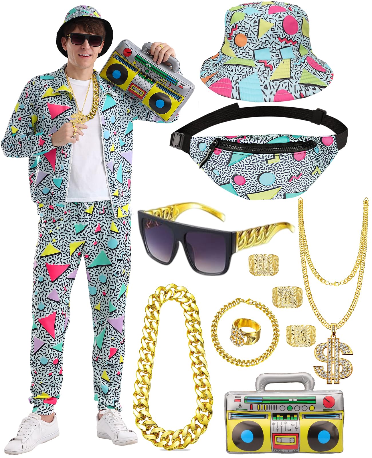 Chándal para hombre, disfraz de los años 80 y 90, traje de chándal para hombre, juego de pantalones, riñonera hinchable, bolsa de gueto, gafas de sol, sombrero, collar, pulsera, anillo, hip hop, ropa