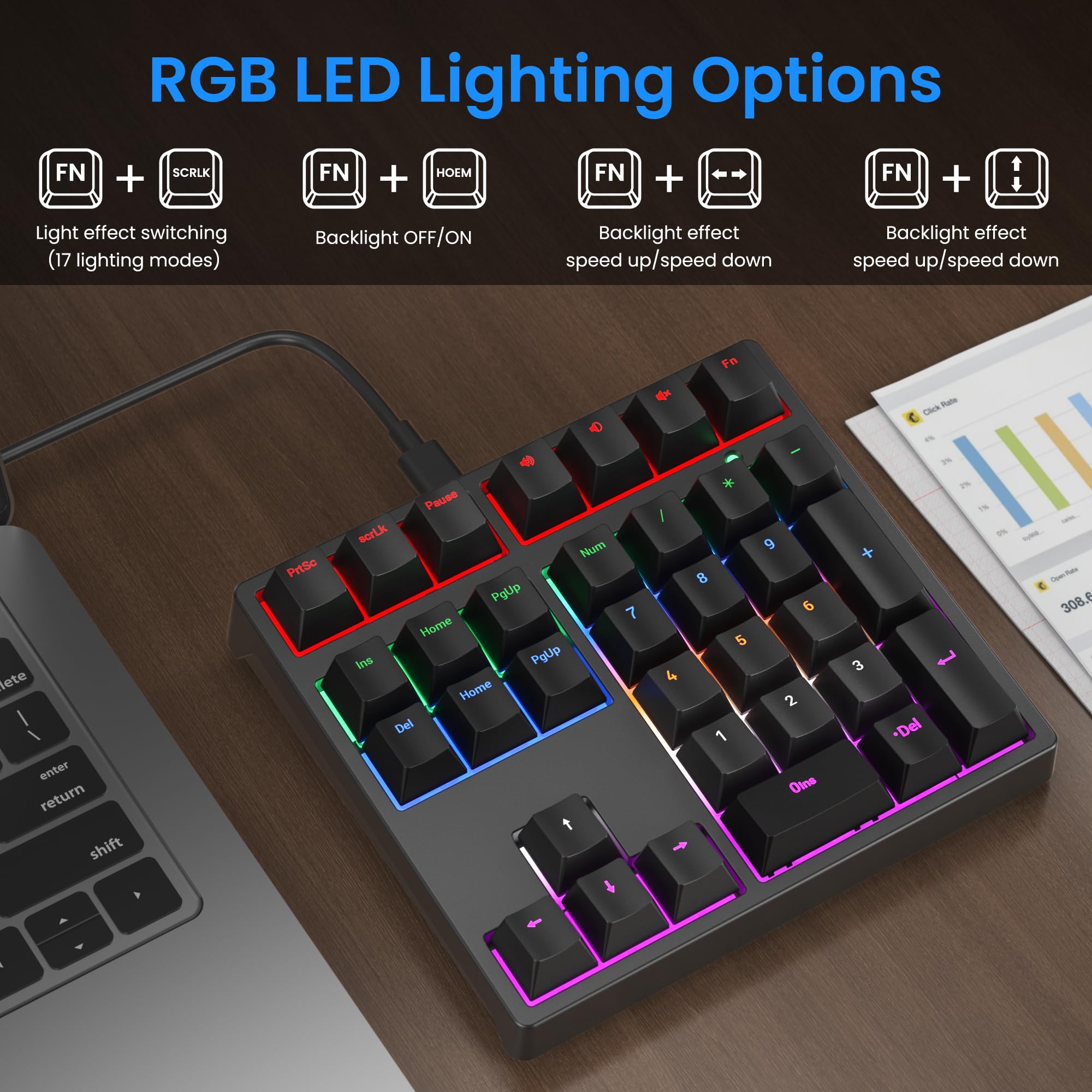 Gurjot Pavé numérique filaire USB mécanique noir | Rétroéclairage LED RVB, 34 touches, touches PBT avec commutateurs bleus, compatible Windows/Mac