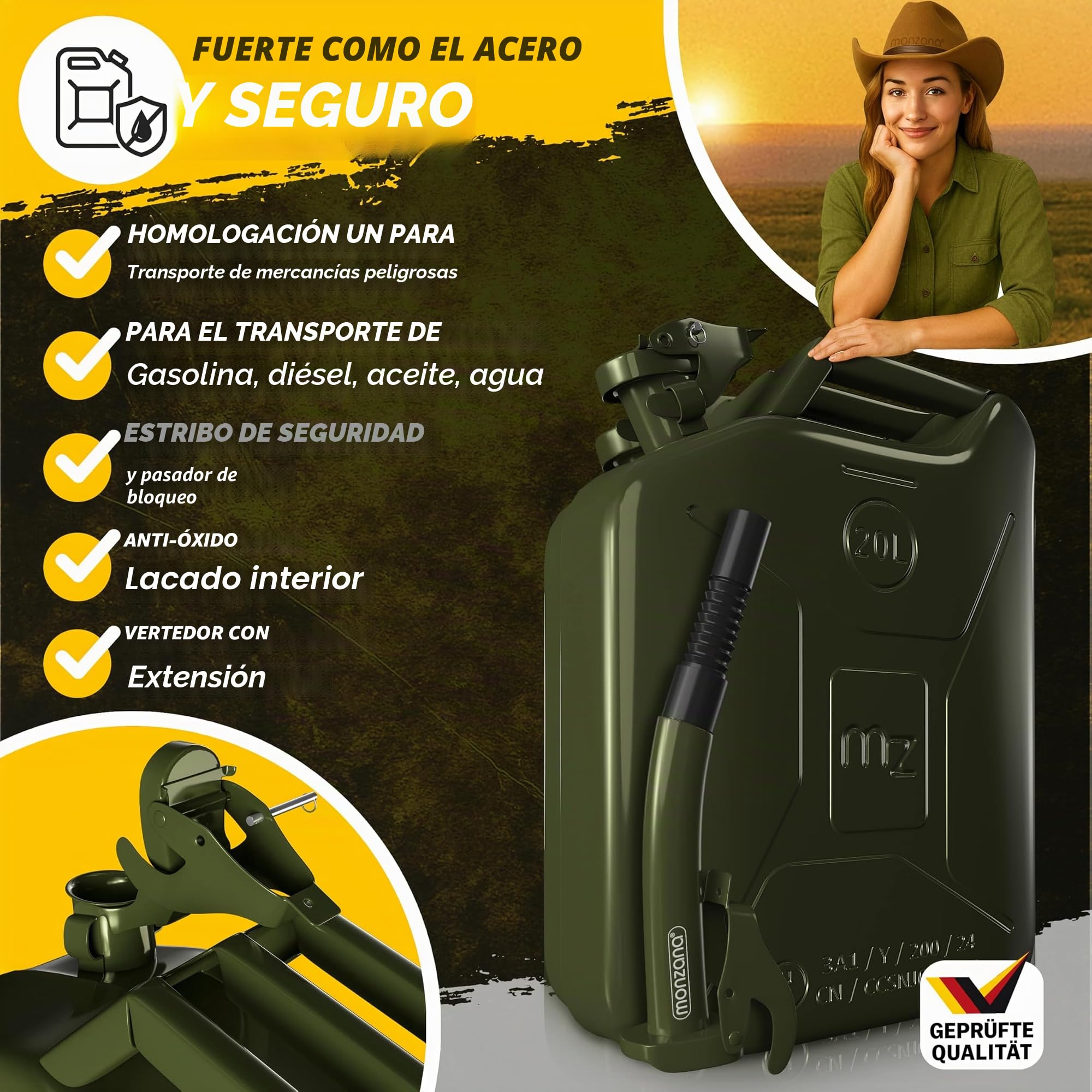 MONZANA® Bidón Gasolina Metálico 20L Set de 3 con Vertedor Acero Extensión Cierre Bayoneta Homologación ONU Transporte Combustible Taller 36x17x46cm Verde Oliva