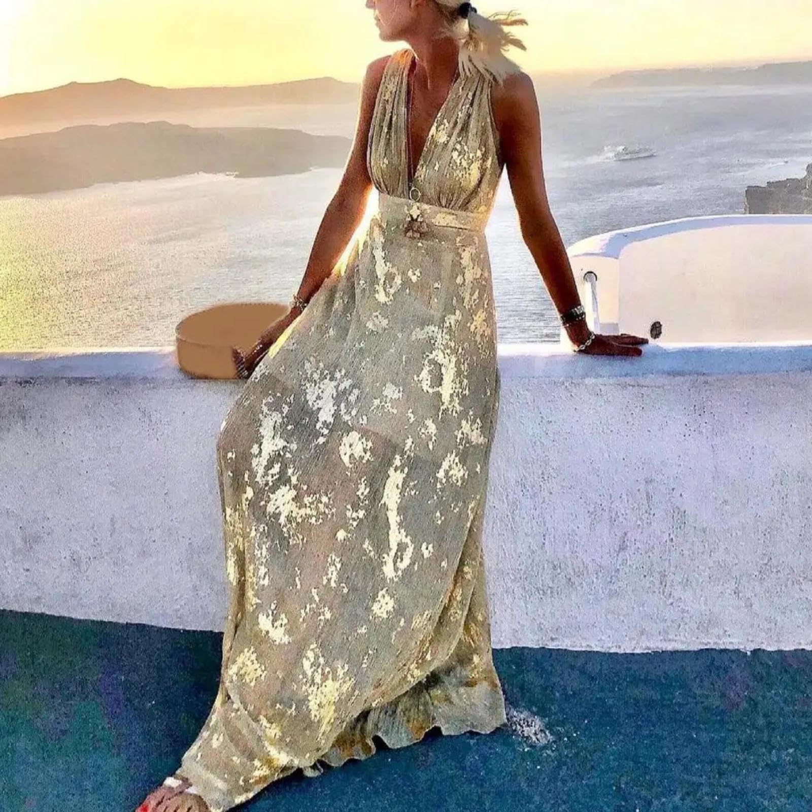 Hübsche Kleider Dress Damen Sexy Kleid Frauen Elegant Urlaub Langes Kleid Tiefer V-Ausschnitt Ärmellose Taille Eng Fließender Saum Party Abendkleid