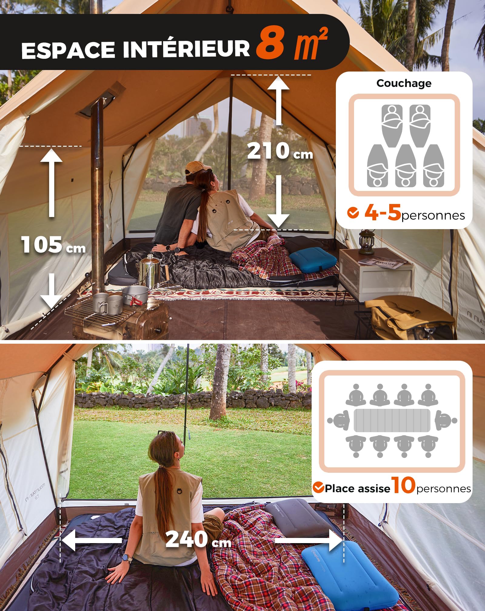 KingCamp 4-5 Personnes Tente,8㎡ Tente Maison avec cheminée & Port AC – Tente imperméable 210g TC, 2 Portes 4 Fenêtres – Tente 4 Saisons en Tissu Ignifuge, pour Camping Familial, Glamping Festivals