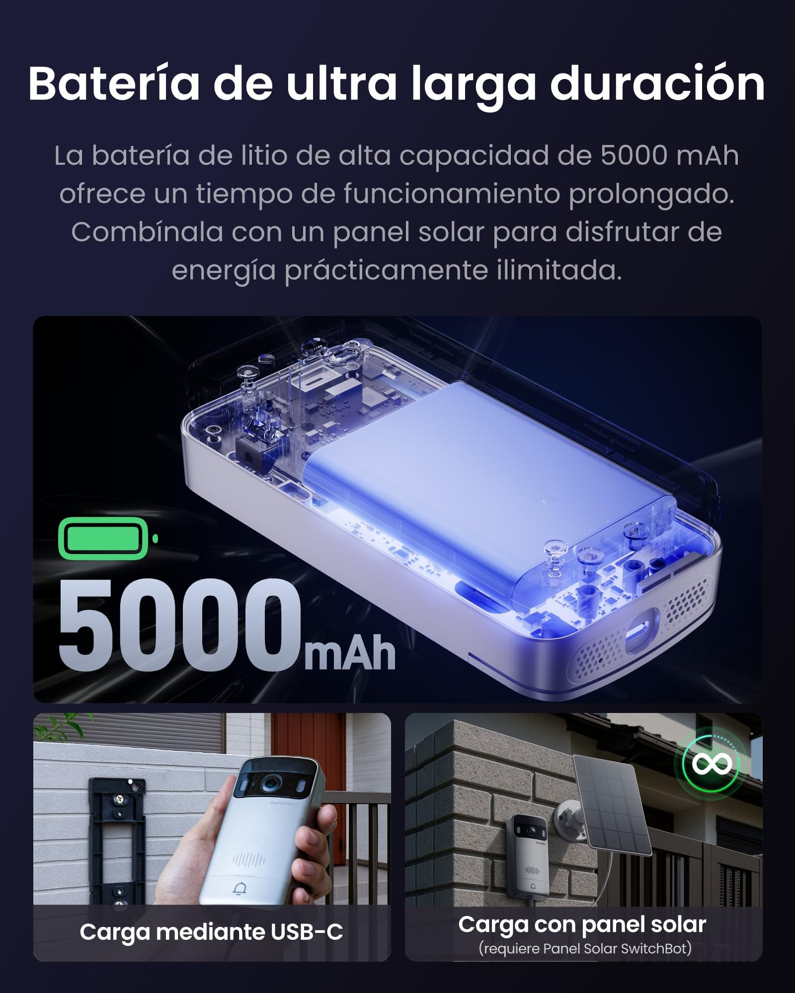 SwitchBot Timbre de vídeo con panel solar, timbre de puerta 2K con cámara, cámara inteligente con pantalla a color de 4,3", gran angular de 165°, juego 2 en 1
