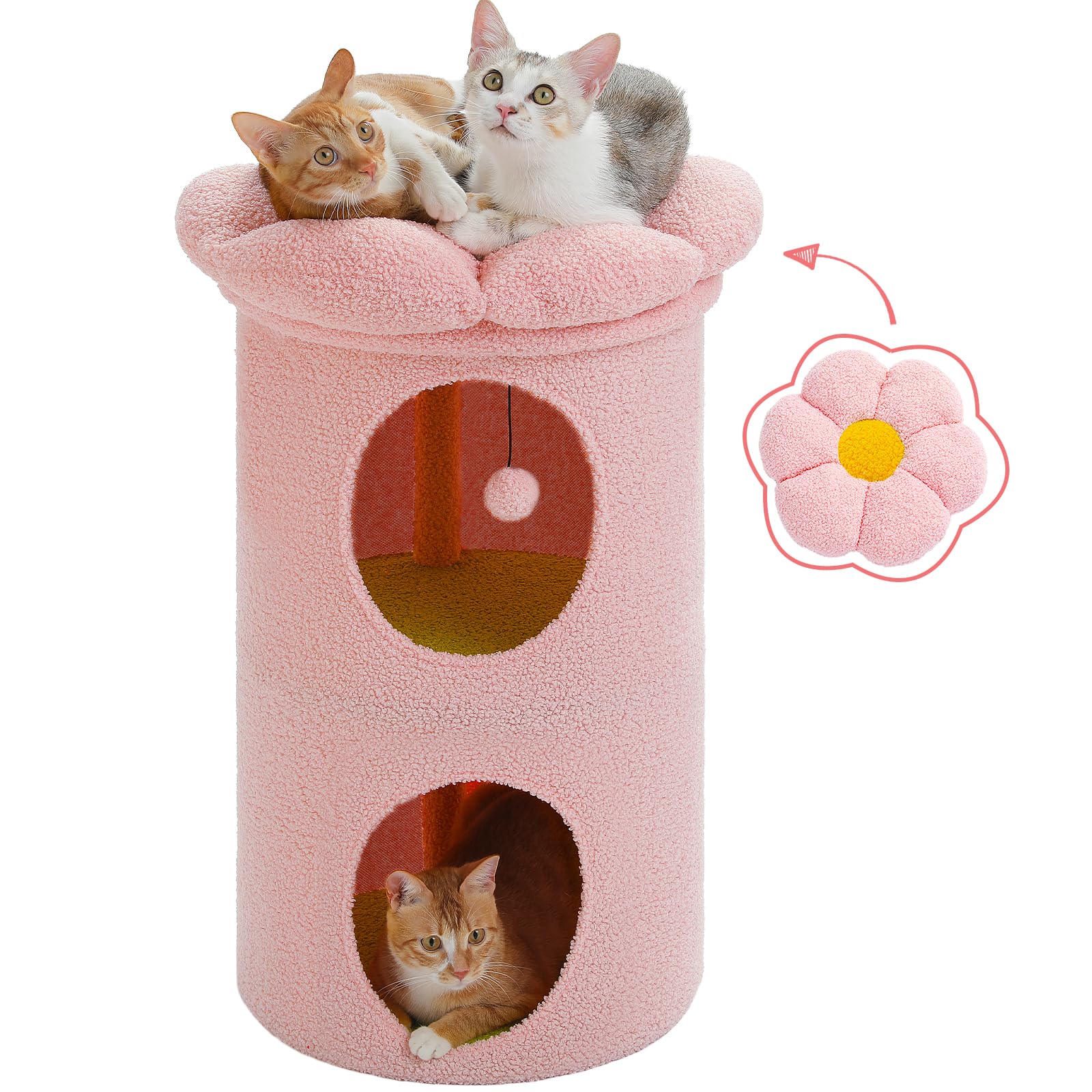 PETEPELA 2-Level Cat Beds for Indoor Cats, Cat Tree House with Removable Flower Cat Bed, Cute Cat Bed Cave Hideaway, Indoor Cats Condo for Large Cats, 20X20X28.7 Inches, Pink