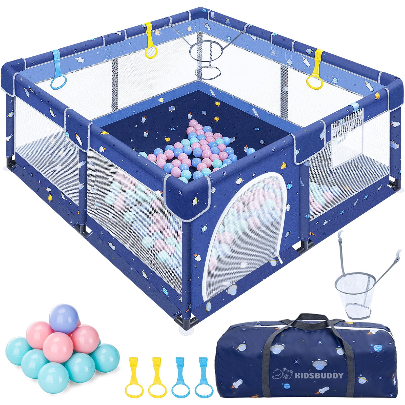 Verdego Laufstall Baby 130 x 130 x 66 cm, Laufgitter Baby, Laufstall Faltbar mit Zugringen, Bällen, 210D Oxford, Atmungsaktivem Netz, Sicherheitsspielplatz Schutzgitter für Kinder (Tiefblau)