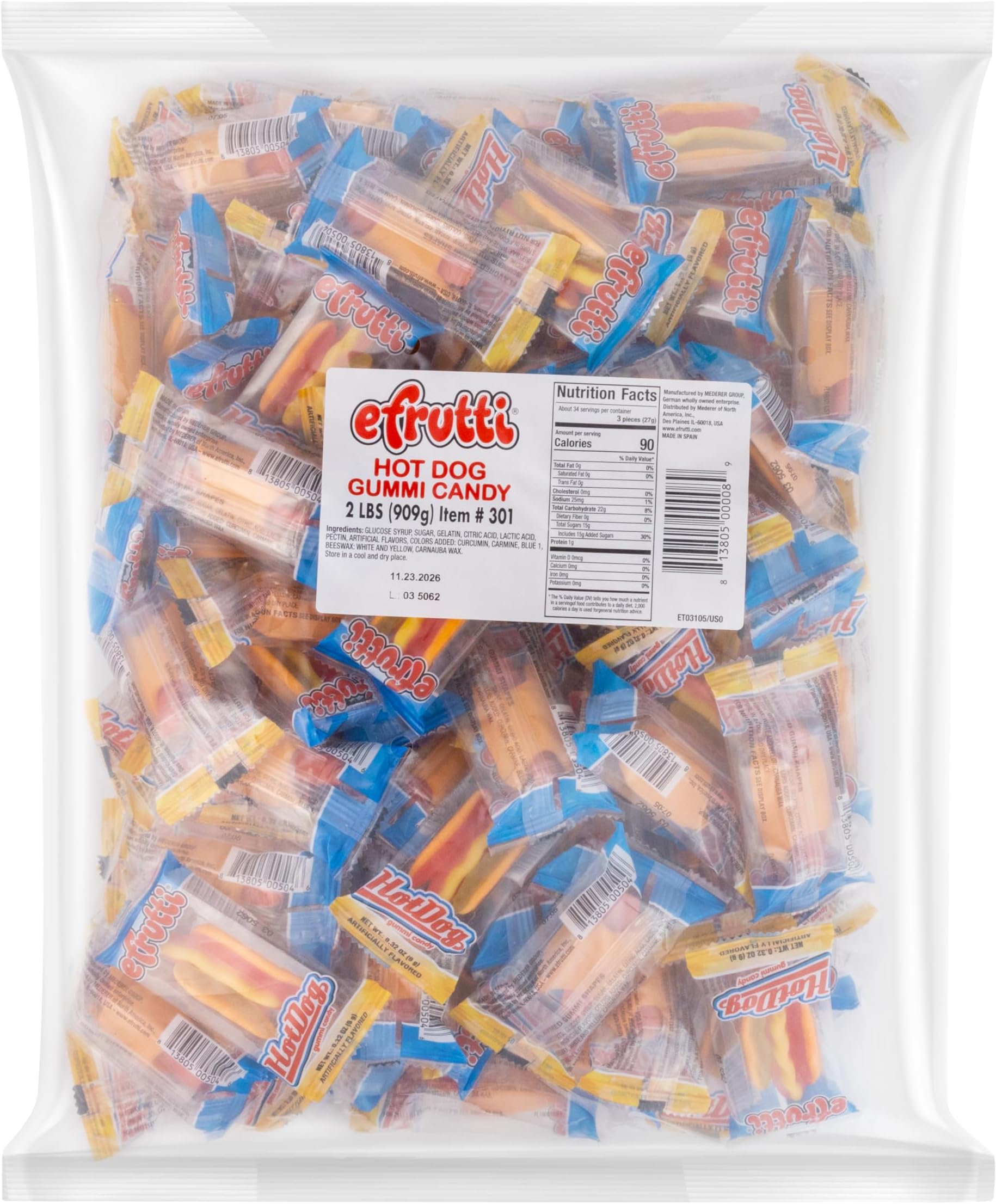 Efrutti Hot Dog Gummy Candy,2 LB-101 Count Bulk Bag,32 Ounces