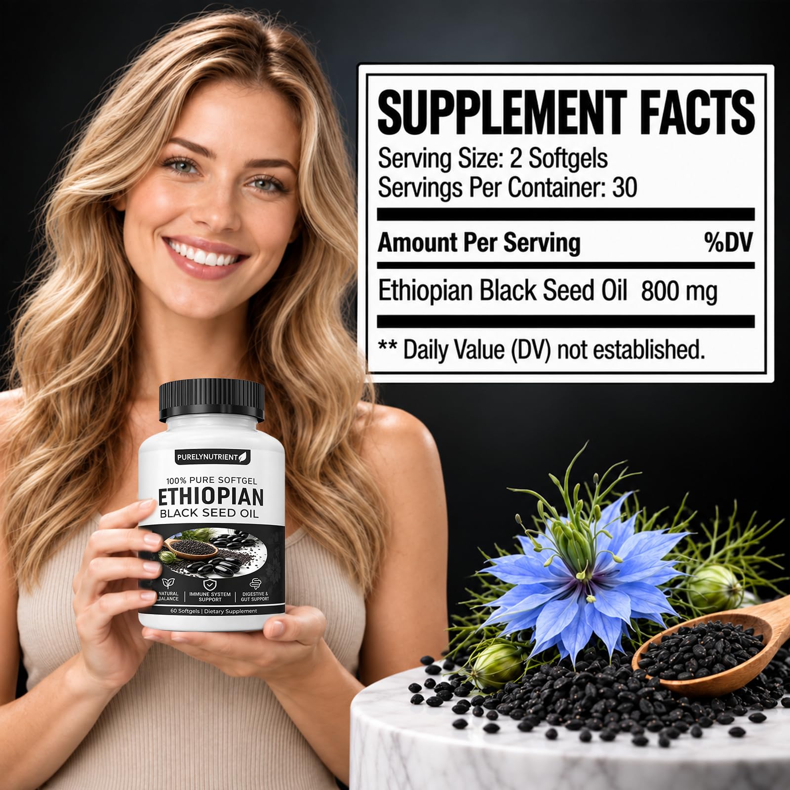 Ethiopian Black Seed Oil Softgels with 4.64% Thymoquinone, Cold-Pressed Formula for Immune, Digestive & Antioxidant Support, 60 Capsules — Amazon image 2