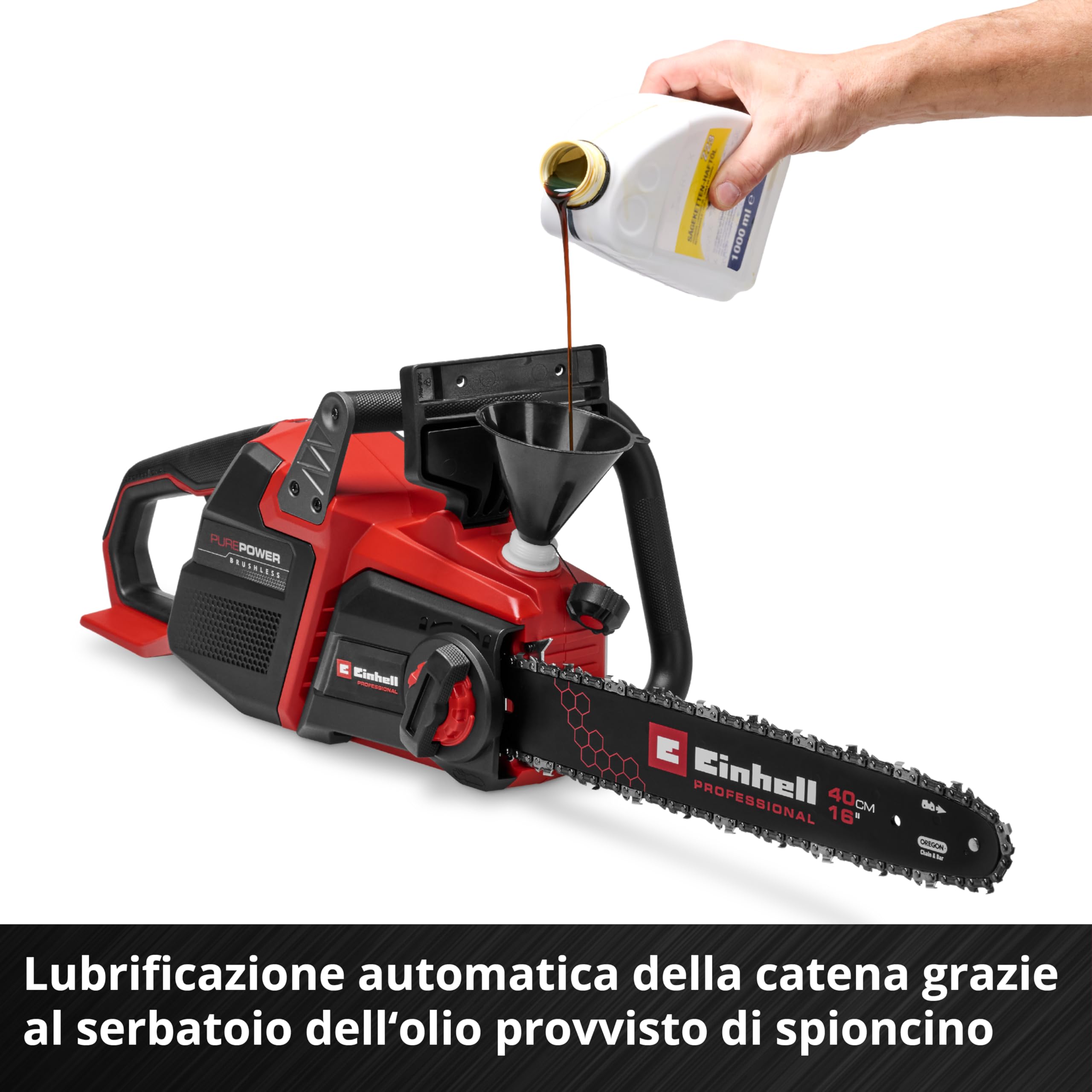 La sega a catena a batteria Einhell Professional GP-LC 36/40 Li BL-Solo (36 V, lunghezza di taglio 38 cm, brushless, velocità della catena 19 m/s, lubrificazione autom. della catena, senza batteria)