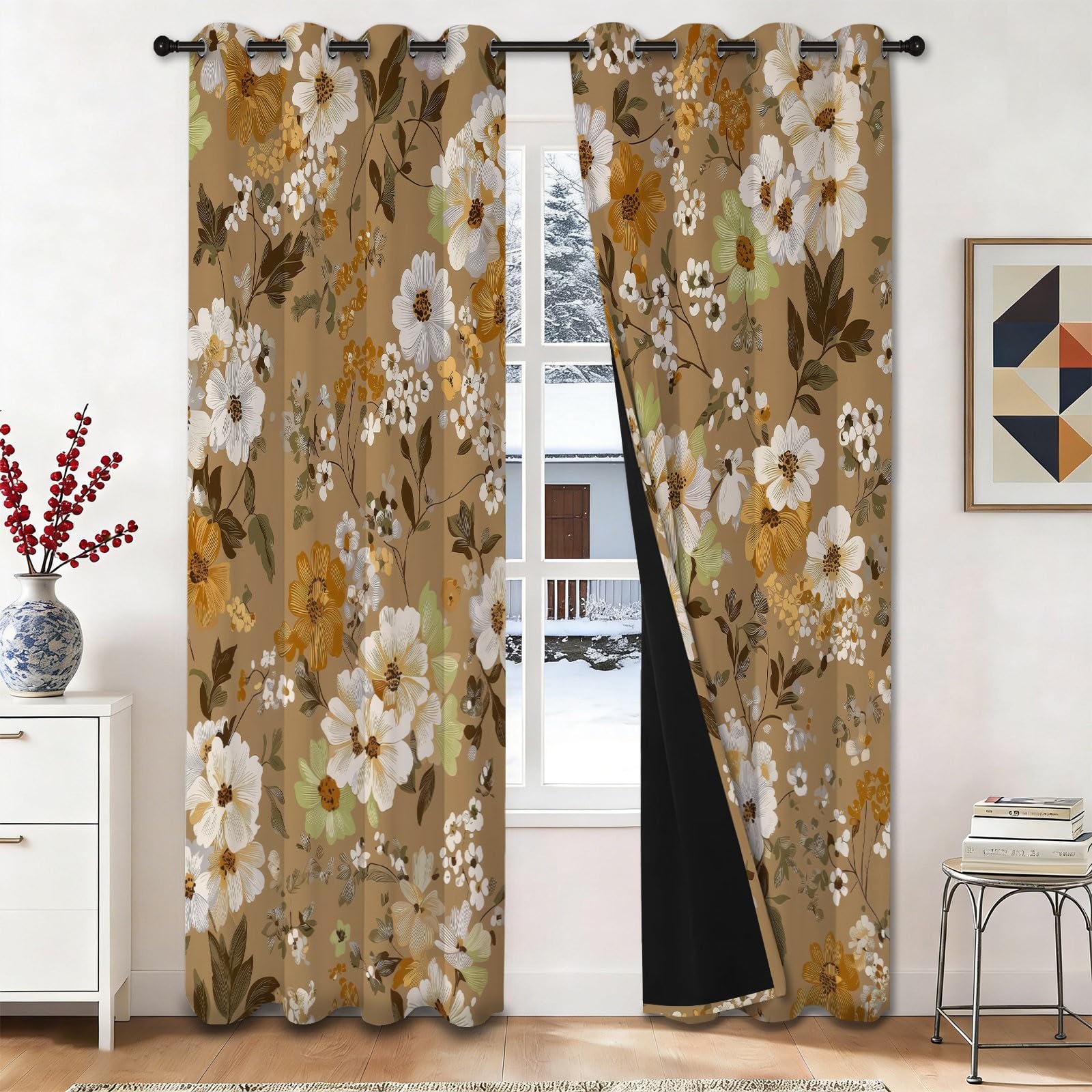 Rideau occultant thermique motif fleurs et feuilles pour draperie de chambre adulte lot de 2