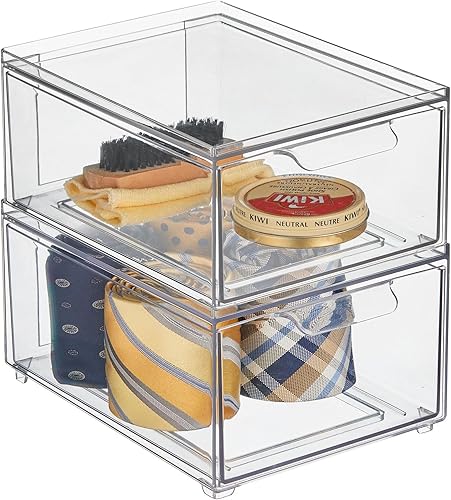 mDesign Contenedor organizador de armario de plástico con cajón extraíble, almacenamiento delgado y apilable para armario, organización para