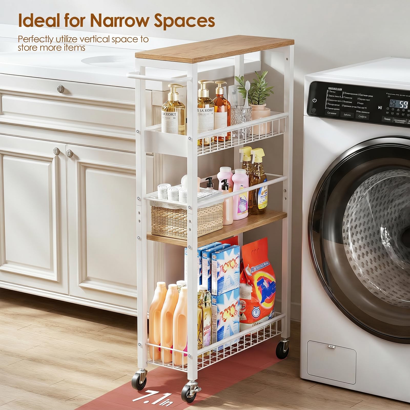 Carrello Portaoggetti Sottile con Ruote, Carrello a 4 Ripiani con Maniglia, 7,1" di Profondità, Altezza Regolabile, Scaffale Mobile Multiuso per Cucina, Bagno, Lavanderia, Bianco