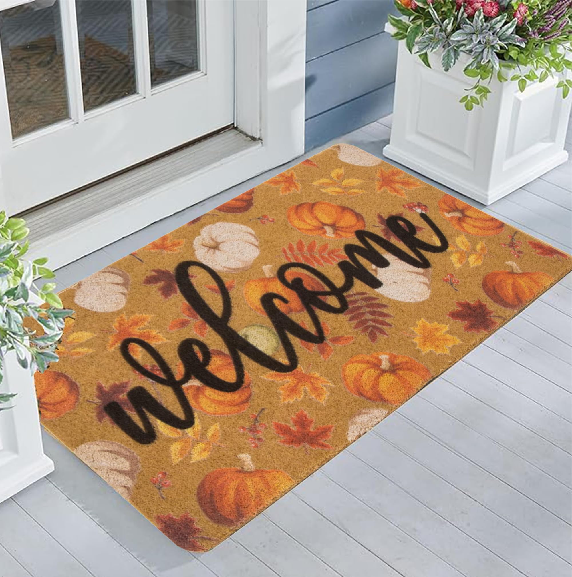 IZUS Pumpkin Welcome-Doormat for Outdoor Fall-Seasonal Decor Non-Slip Farmhouse-Porch-Mats Faux-Coir Entrance-Mats Halloween 17X30inch
