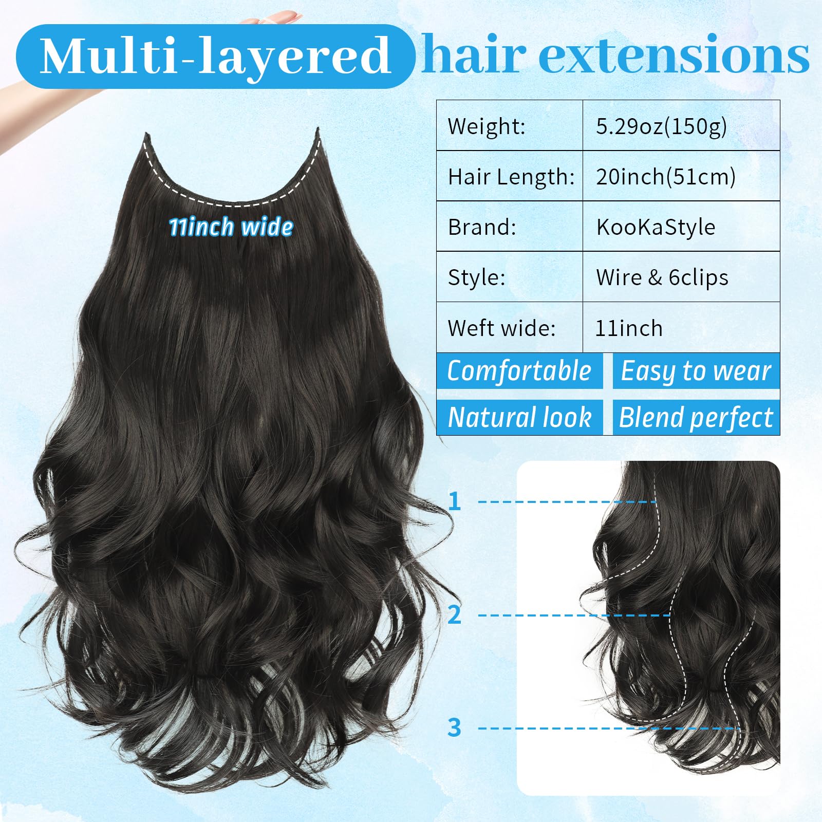 Invisible Wire Hair Extensions with Secure Clips Long Wavy Layered Synthetic AISI HAIR 20 Inch Invisible Wire Hair Extensions with  main image 2