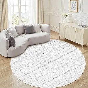 Nakagishi Round Rug Boho Area Rugs: 8x8 Washable Large Circle Neutral Soft Stain Resistant Non-Slip Carpet for Women Aged 25-45 Farmhouse Home Decor Enthusiasts - Living Room Bedroom Dining Room