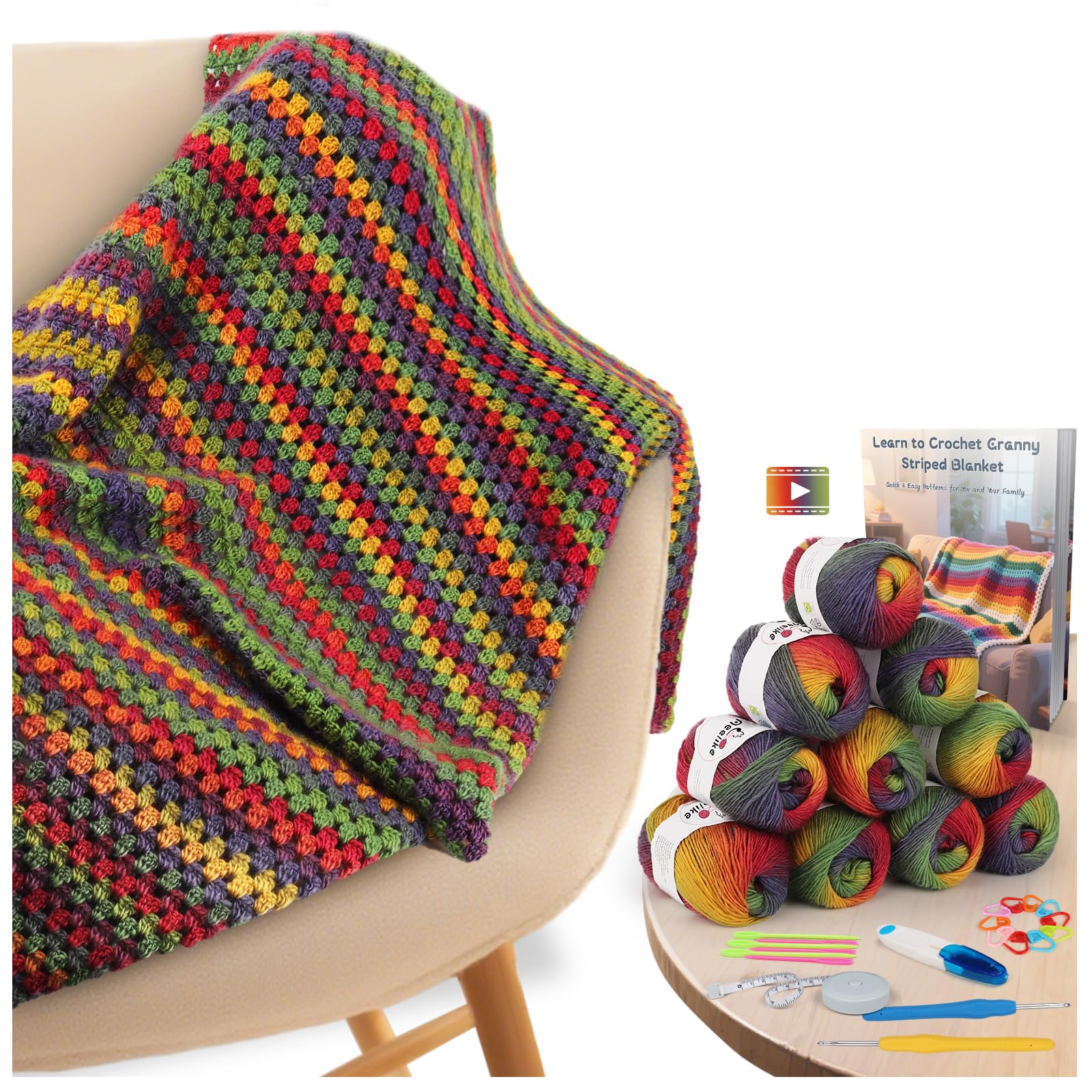 Aeelike Häkel-Decken-Set für Anfänger, Vintage-Regenbogen-Decke, Komplettes Starter-Häkelset mit ausreichend warmem Ombre-Wollgarn, Video-Anleitung, Einfache Häkeln Set für Häkel-Fans