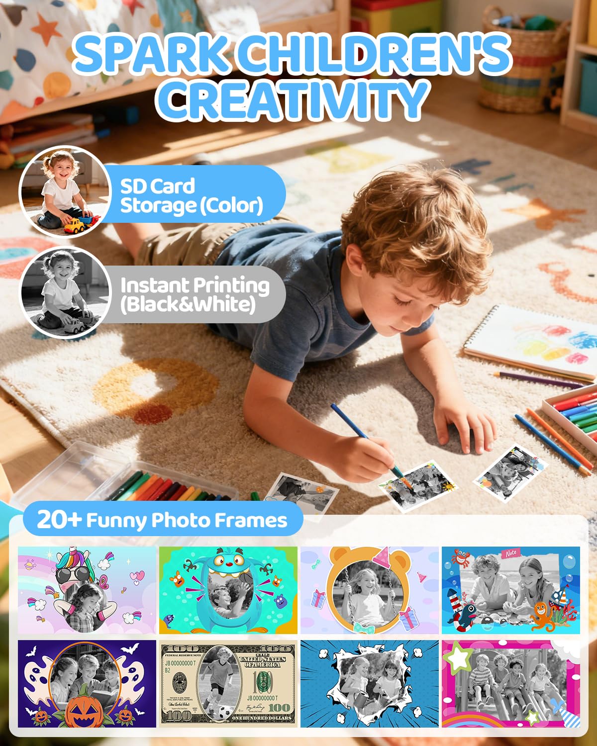 CalineGam Macchina Fotografica Bambini Istantanea, HD 1080P Macchina Fotografica Istantanea con Scheda da 32 GB e 3 Rotoli di Carta, Regalo di Natale per Ragazze Ragazzi dai 3 ai 14 Anni