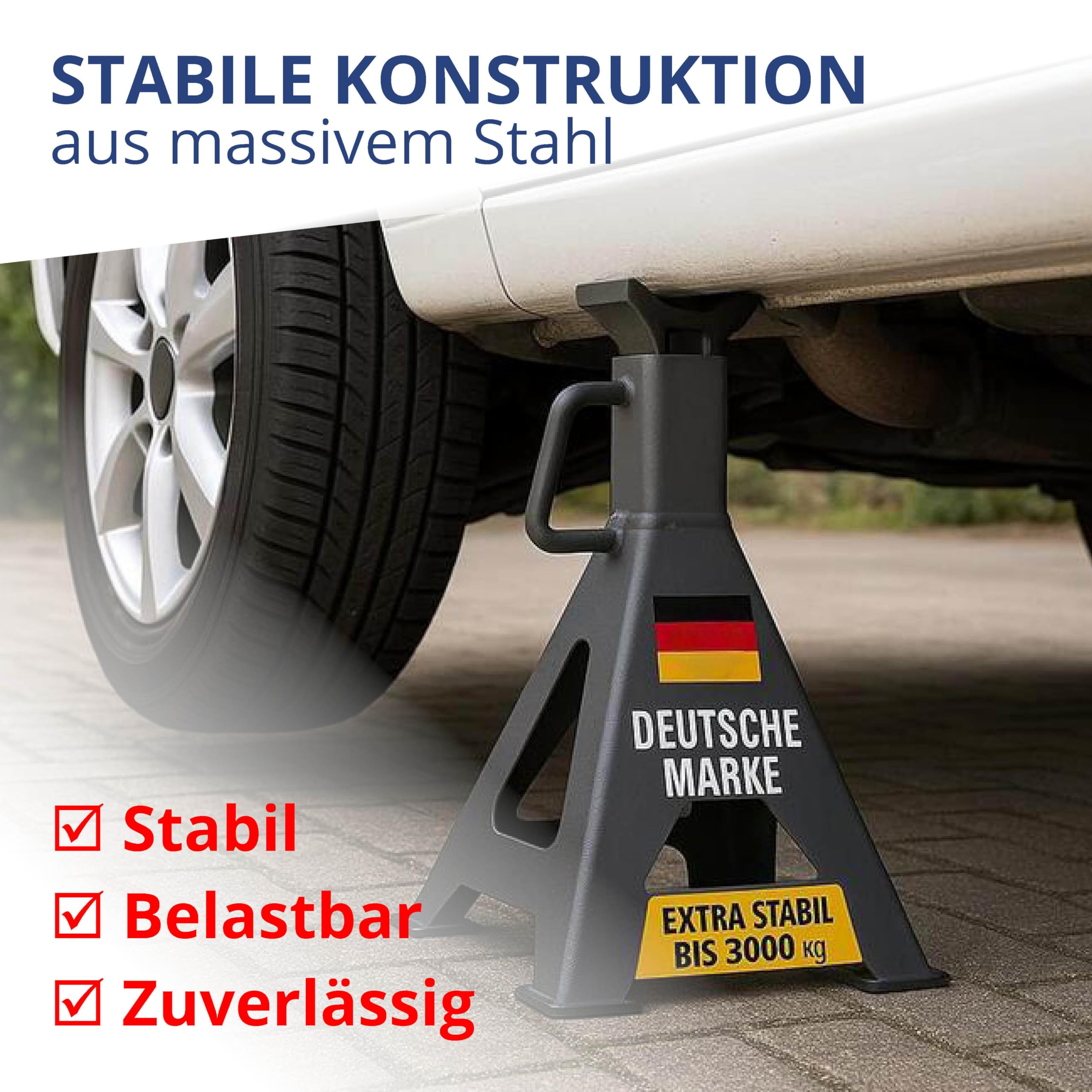 Stahlmann® Unterstellbock 3T Tragkraft im 2er Set – Höhenverstellbar 28–42,5 cm mit Sicherungssplint – Robuste Gusseisen Wagenheber Stützböcke für PKW, SUV & Kleintransporter (4 Stück / 6 Tonnen)