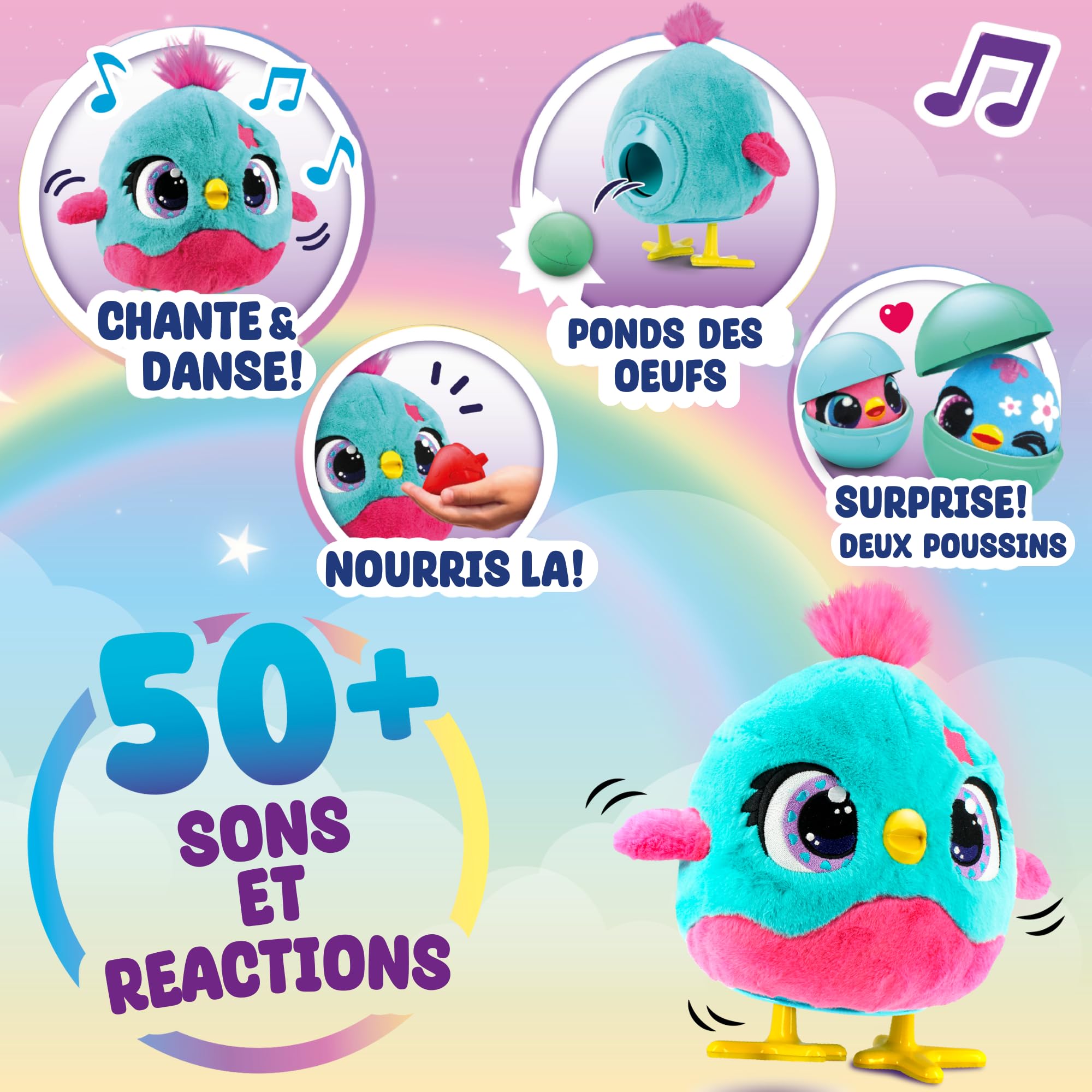 Chick-a-Boo - Peluche Electronique Interactive - Poule Qui Pond des œufs - Parle, Chante, Danse - Chatouille-la - Plus de 50 Sons et réactions - Jouet Fille et garçon - Dès 3 Ans