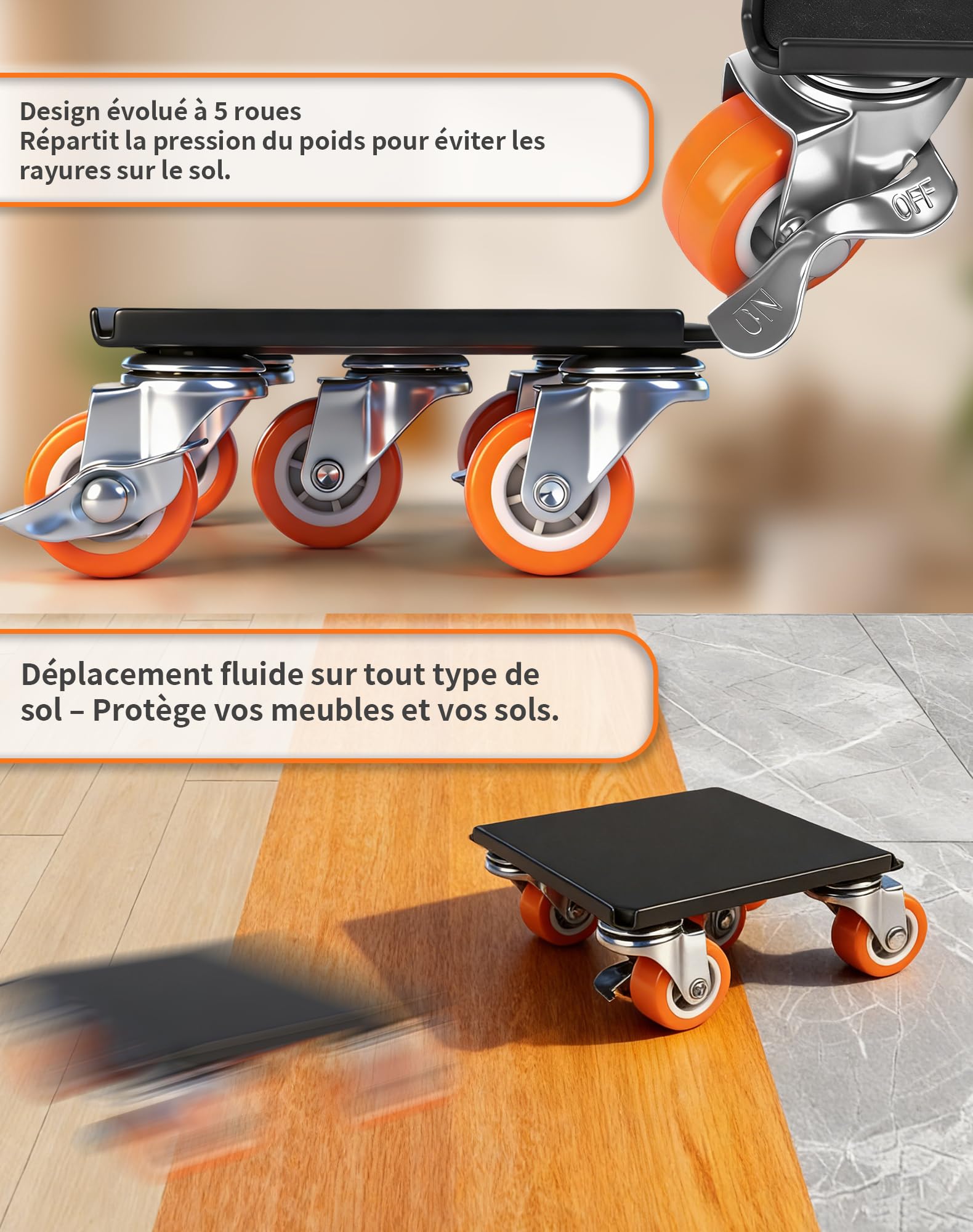 Kit Pro Déplace Meubles Lourds 500 kg, Structure 5 Roues Renforcées avec Lève-Meuble, roulettes Pivotantes 360° avec Frein, Chariot de Transport pour Déménagement, Réfrigérateur, Machine à Laver