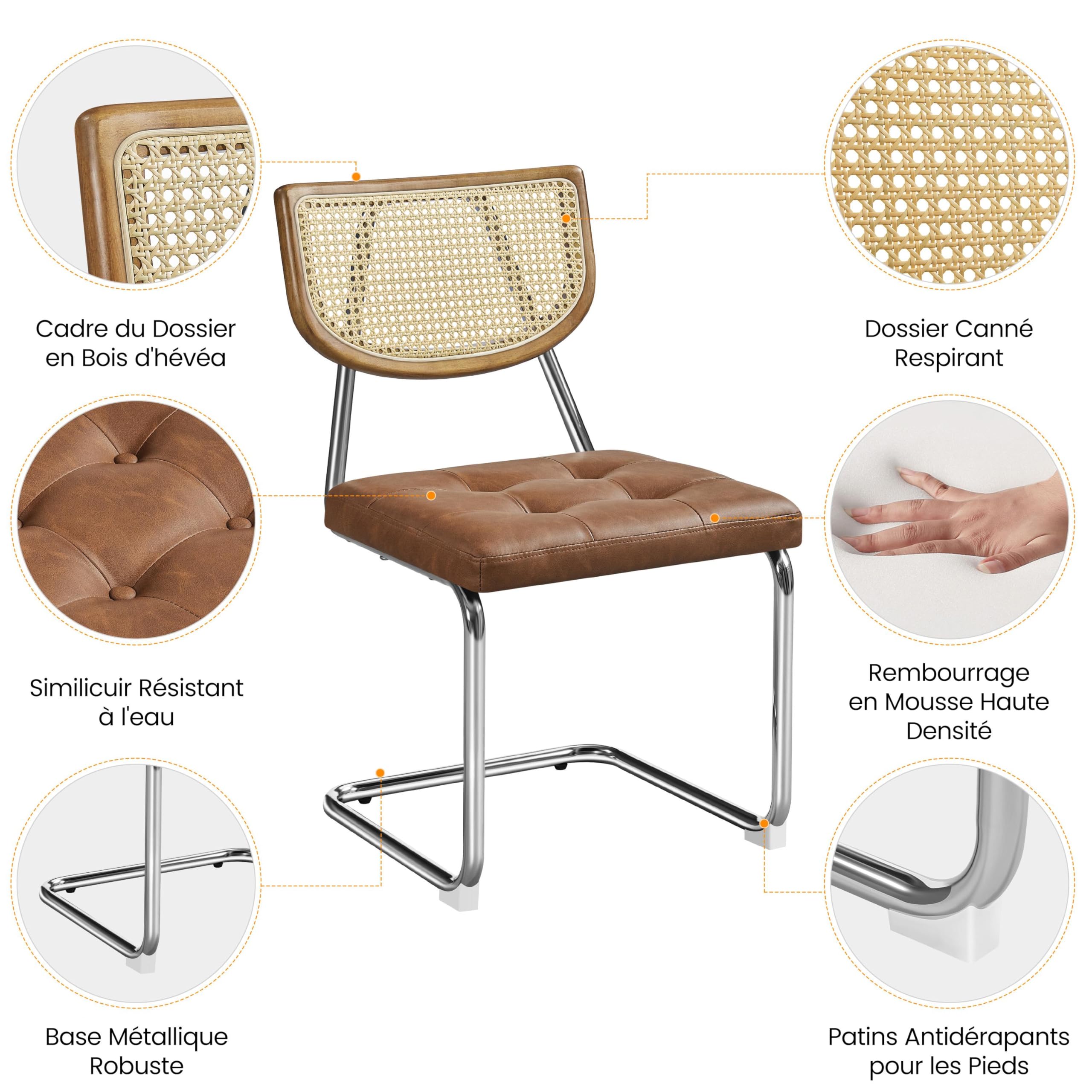 Yaheetech Lot 2 Chaises Cantilever Rotin Tissé Salle à Manger Brun Rustique | Chaise en rotin avec assise confortable, structure métal robuste, idéale pour cuisine ou salon, facile à monter et entretenir