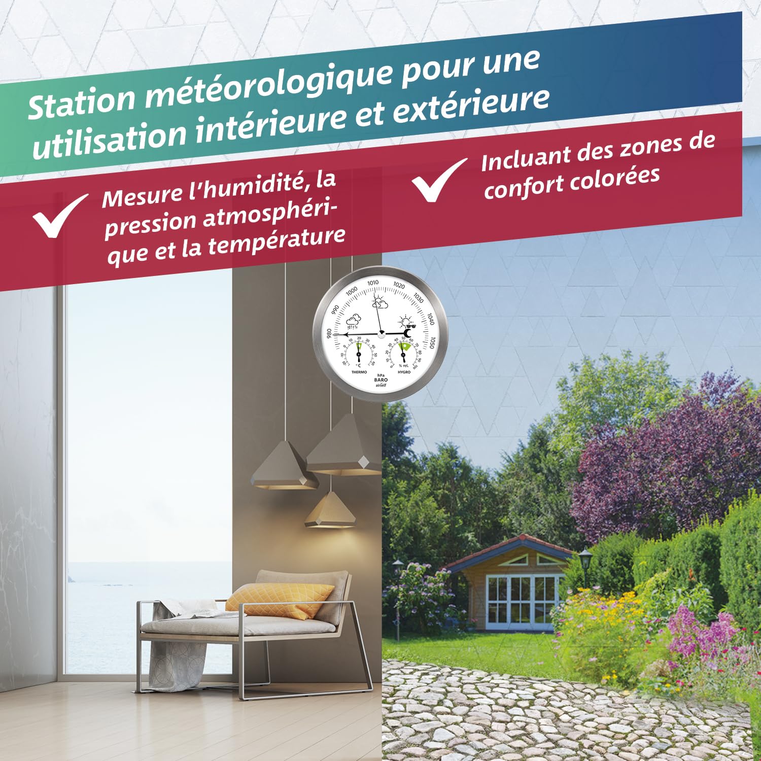 airself Station météo analogique en acier inoxydable - avec baromètre/thermomètre/hygromètre - pour intérieur/extérieur