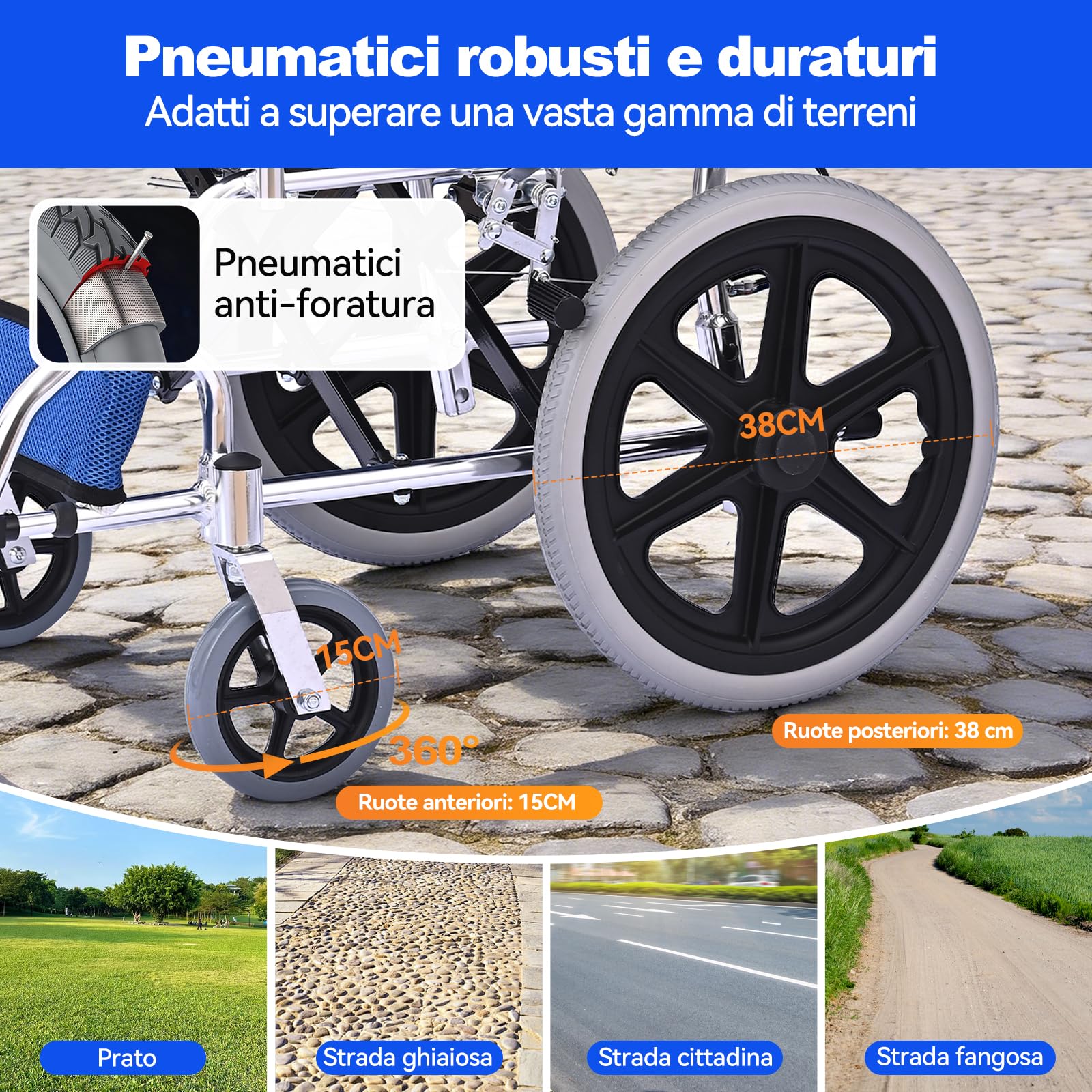 M3 Sedia a rotelle pieghevole e leggera, doppio freno, capacità di carico 100Kg, poggiapiedi pieghevoli, ideale per anziani e con mobilità ridotta - Blu