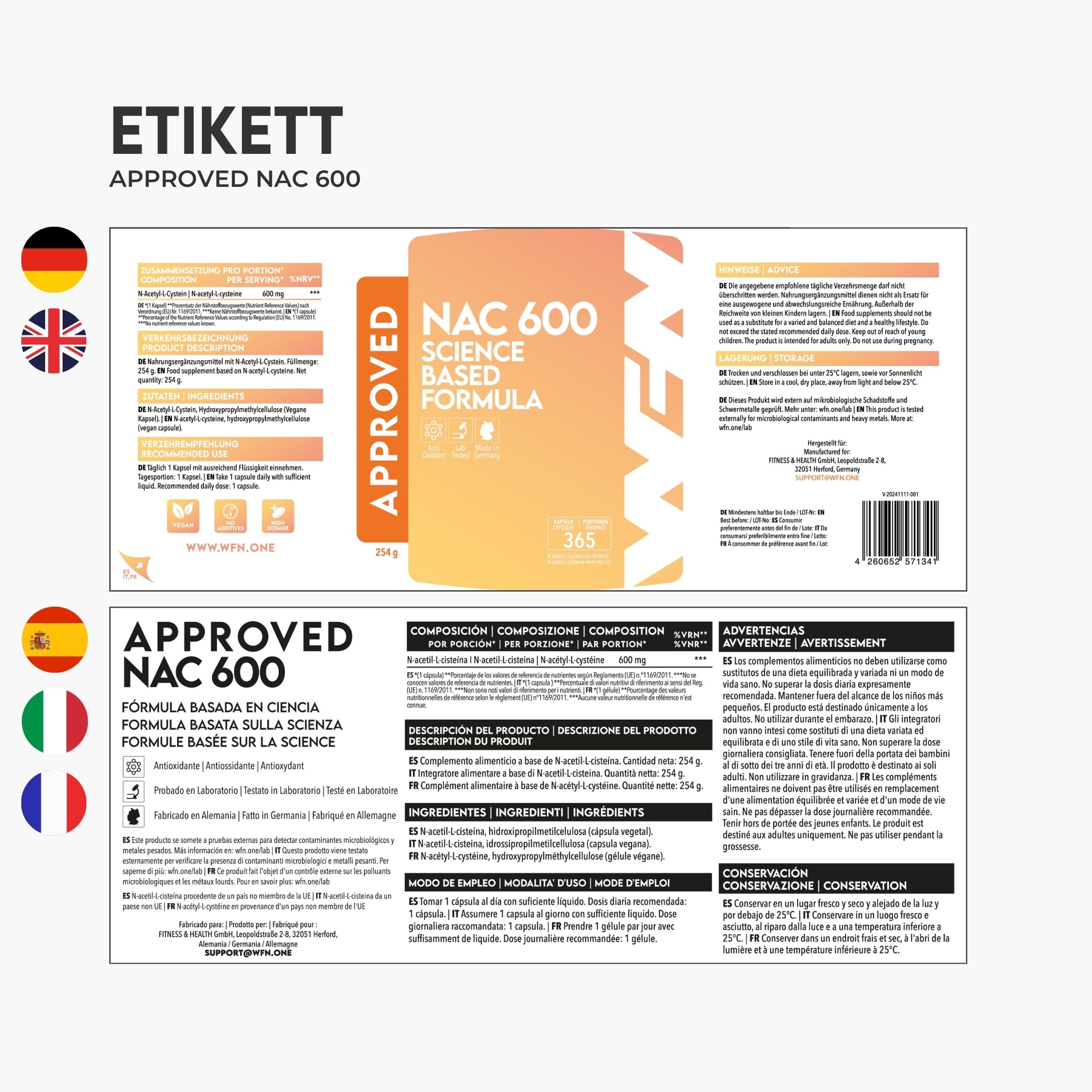 WFN Approved NAC 600 mg pro Kapsel - 365 Kapseln Jahresvorrat - Hochdosiert, vegan, ohne Zusatzstoffe - Produziert & laborgeprüft in Deutschland
