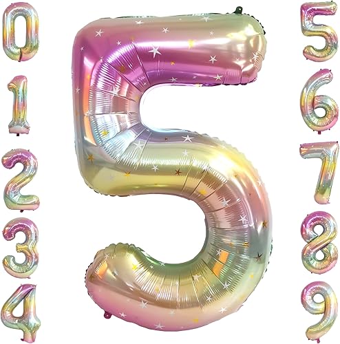 Globo con el número 5, globo 5 de 40 pulgadas, globos de número degradado de arco iris, número 5, decoraciones de cumpleaños de 5 para niñas, globos