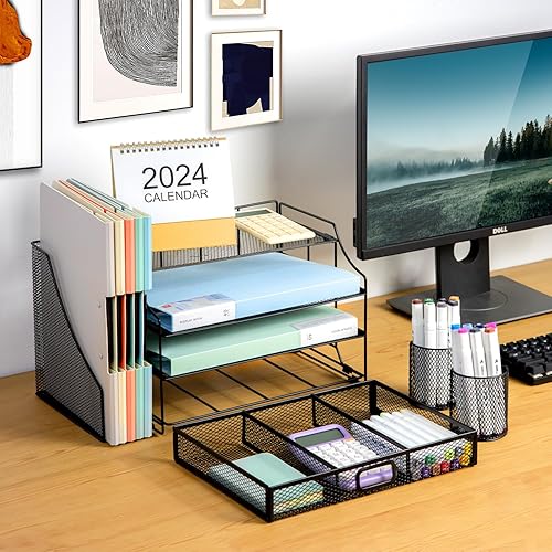 Miniatura 2 de NCXTKJ Organizador de escritorio con soporte para archivos, organizador de bandeja de papel de 4 niveles con cajón y 2 soportes para bolígrafos,