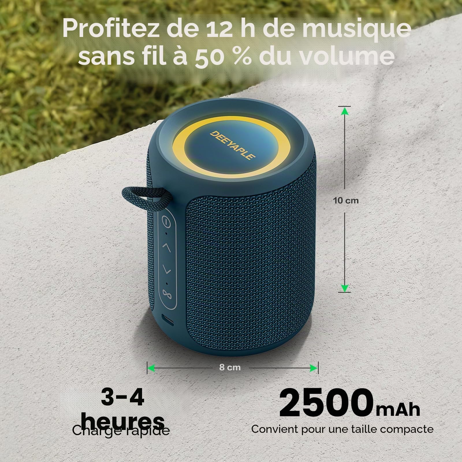 Deeyaple Baffle Enceinte Bluetooth 5.3 avec basses intenses et Bluetooth 5.3, 15 W, étanche IPX7, double couplage stéréo, avec autonomie de 10 heures (bleu)