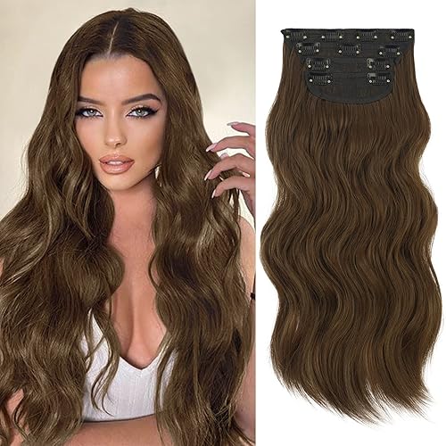 4PCS Clip in Hair Extensions Long Wavy Hairpieces for Women Synthetic Fiber Hair Extensions Clip ins Natural Thick Double Weft 20 Inches Chocolate Brown