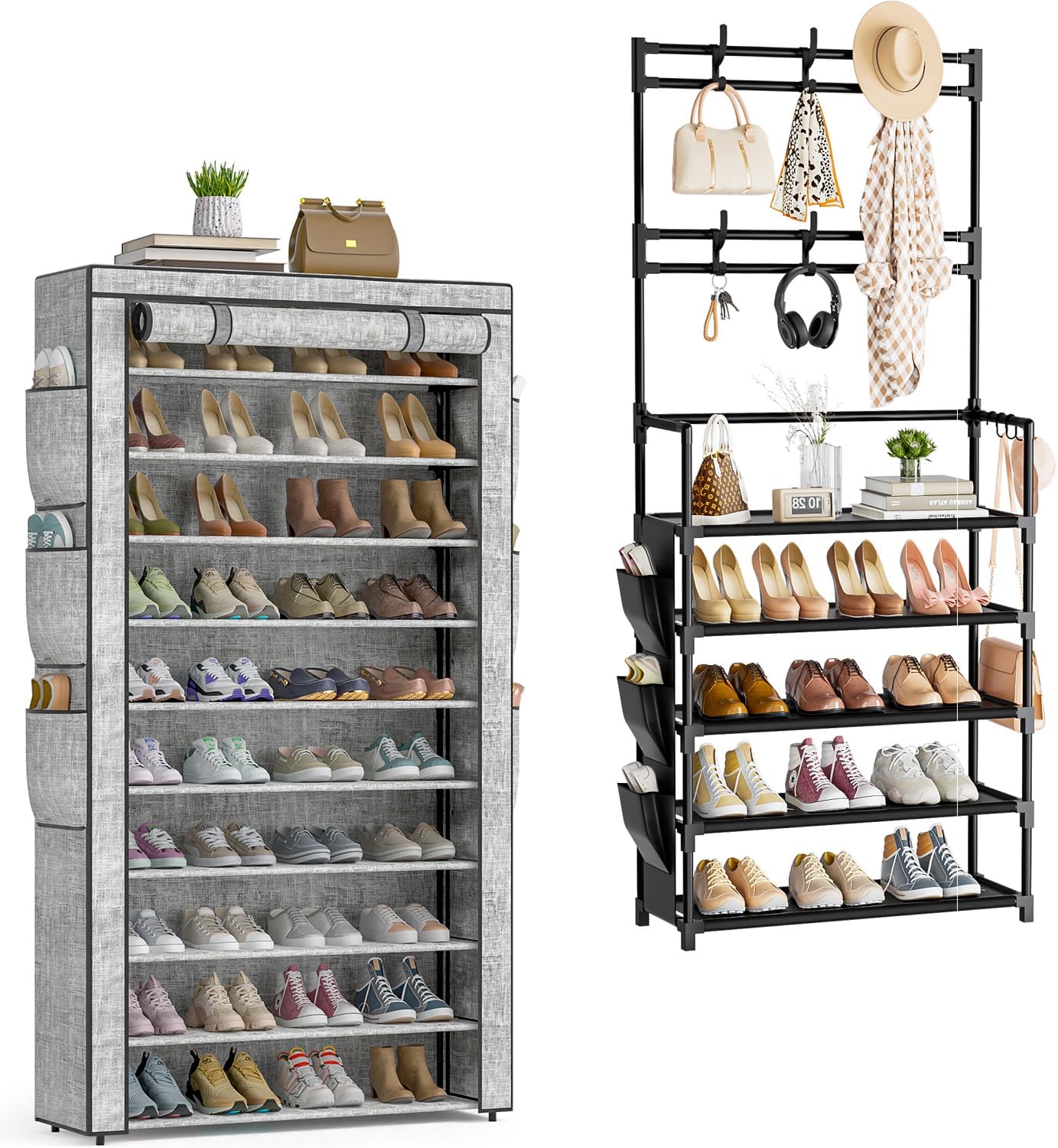 OYREL Shoe Rack 10Tier Large Capacity and Shoe Rack 5 Tier with Hooks