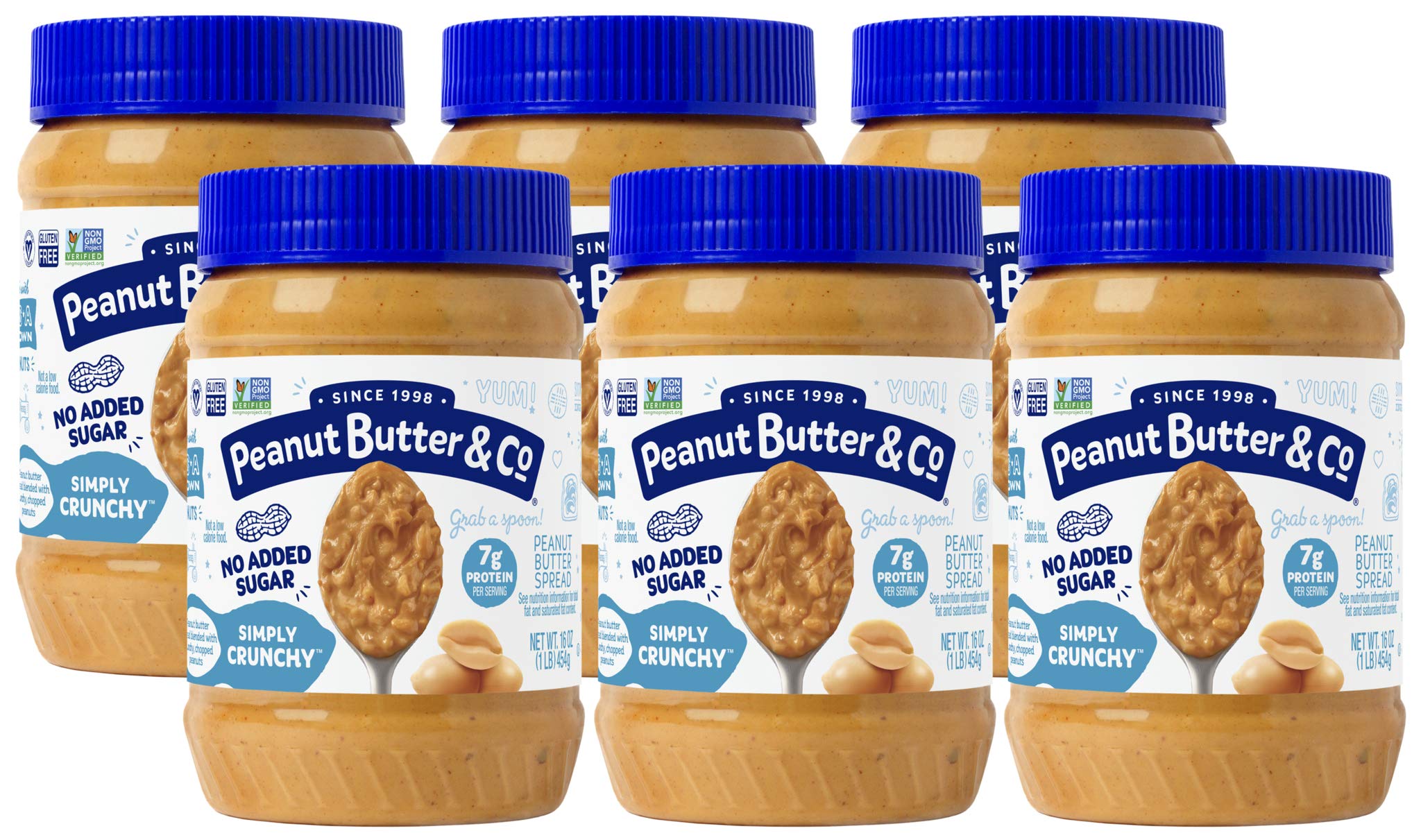 Peanut Butter & Co.Simply Crunchy No Sugar Added Peanut Butter, Non-GMO Project Verified, Gluten Free, Vegan, 16 Oz (Pack of 6)