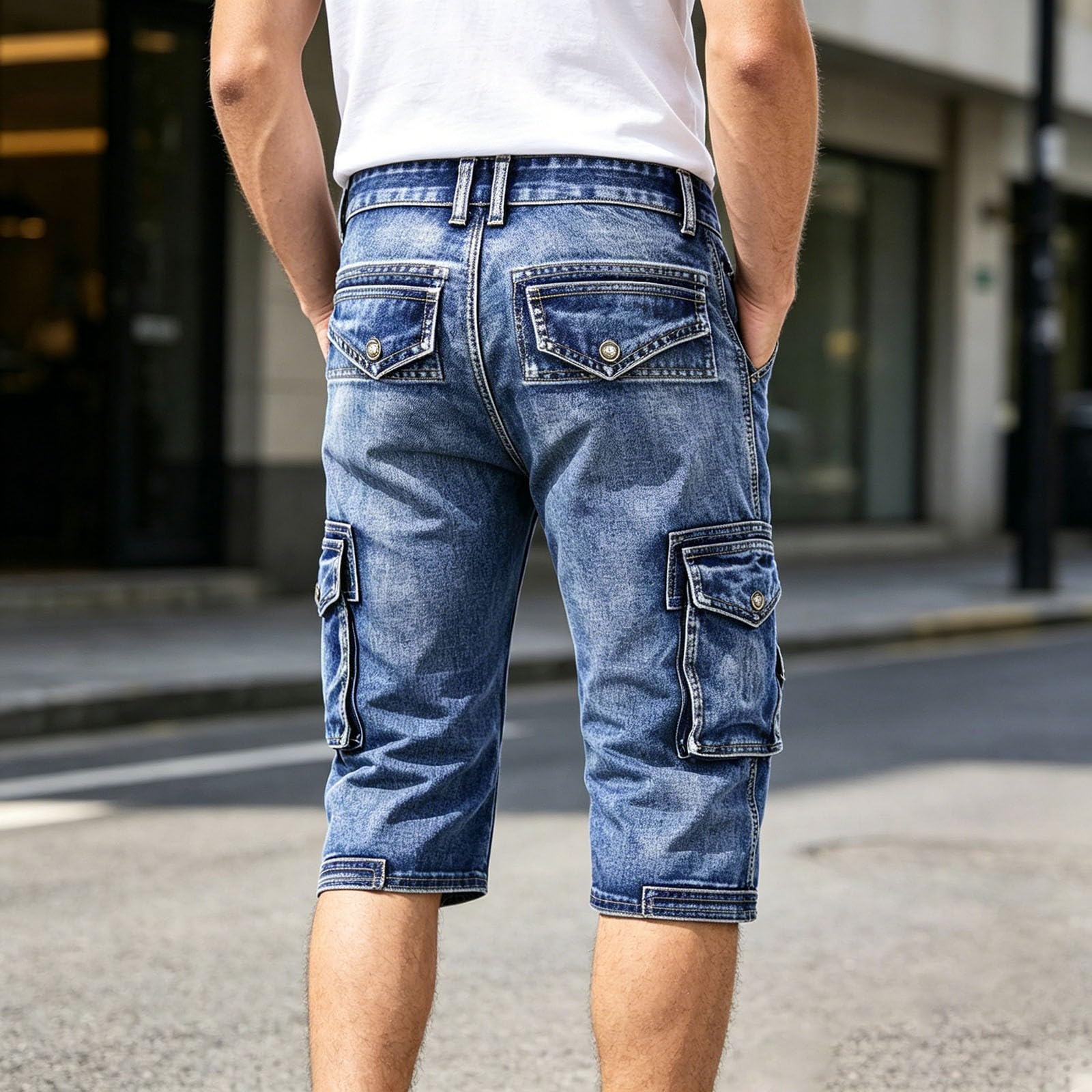 Generisch 3/4 Hose Herren Jeans： Dreiviertel Große Größen Caprihosen Stretch Cargo Shorts Knielang Cargohose Vintage Caprileggings Caprijeans Leichte Jeanshose