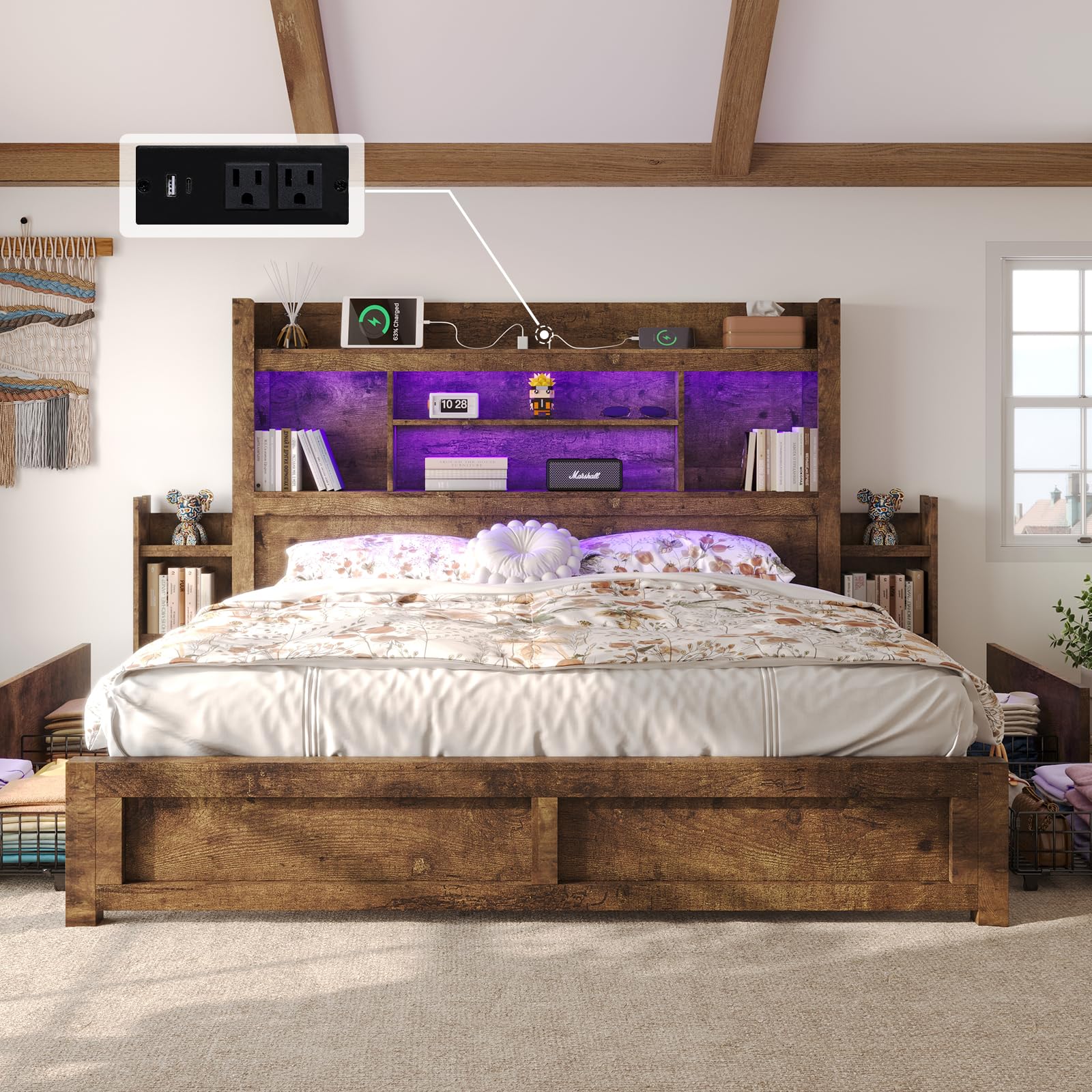 LUXOAK King Bed Frame with Bookcase Headboard