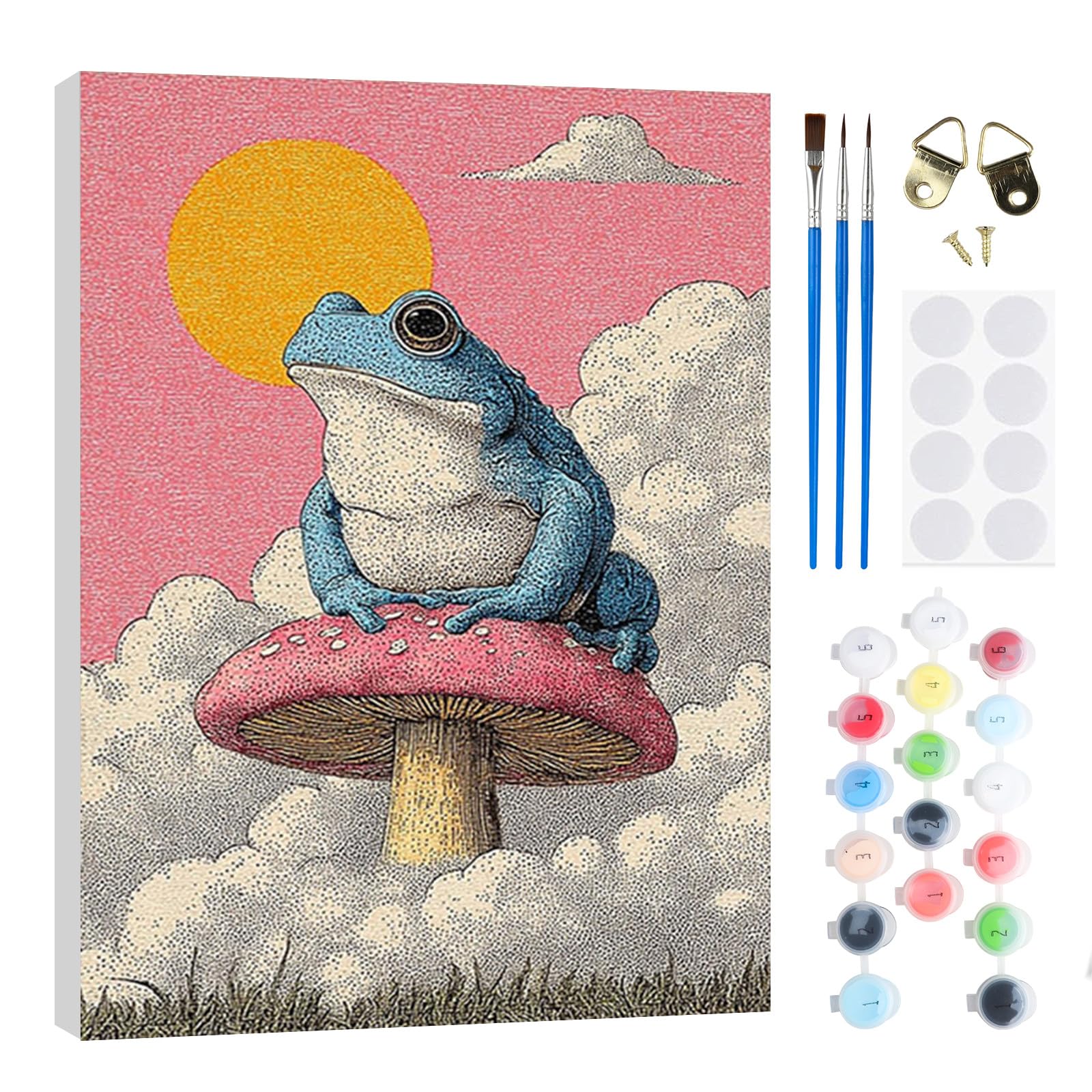 RICUVED Frog Paint by Numbers with Wooden Framed – DIY Oil Painting Kit for Adults Kids,Mushroom Paint by Numbers Oil Acrylic Painting Canvas Kits for Home Decor Gift 20x30 cm