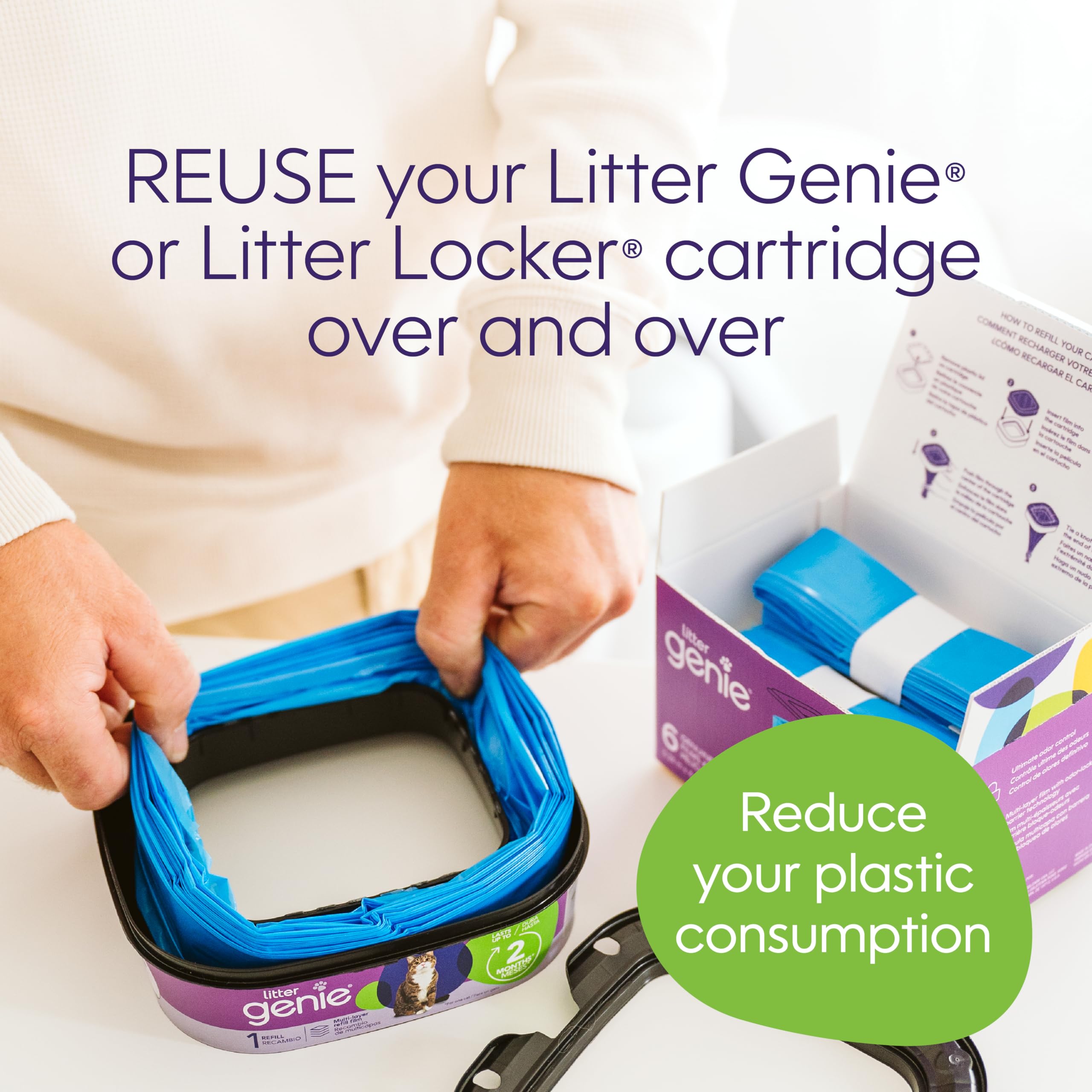 Las bolsas de recambio Litter Genie de película auténtica, paquete de 6 unidades proporcionan un total de 80 pies de bolsas, ofreciendo hasta 12 meses de uso para un gato.