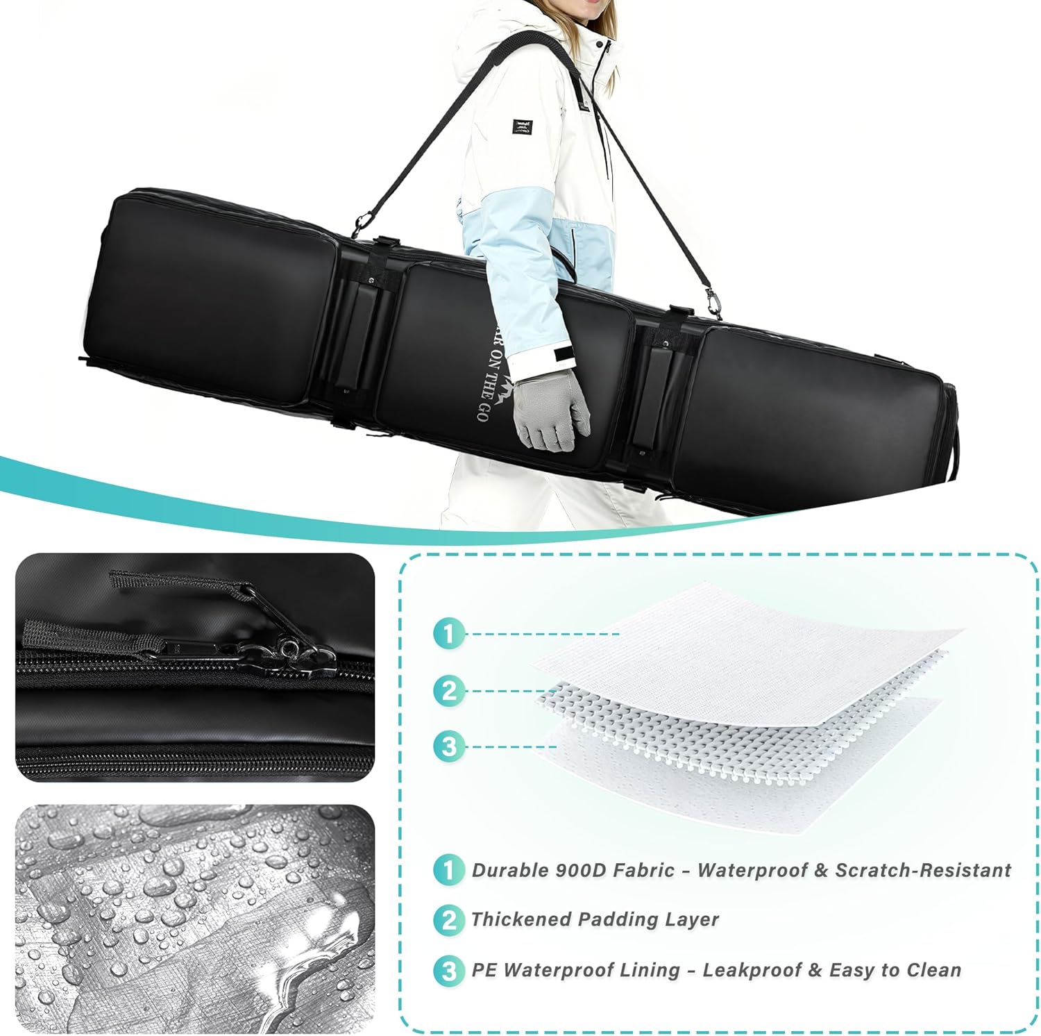 Ski Bag with Wheels, Extendable Snowboard Bag, Waterproof 900D Ski Bags for Air Travel, Padded Snowboard Bag with Backpack & Shoulder Strap