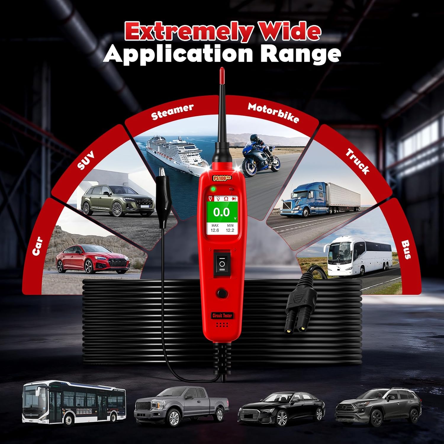 PS100PRO Automotive Circuit Tester and Short Finder, 12V/24V Power Circuit Probe Kit with AC/DC Voltage Tester, Current Probe, Component Activation Tool, Includes 20FT+20FT Cable