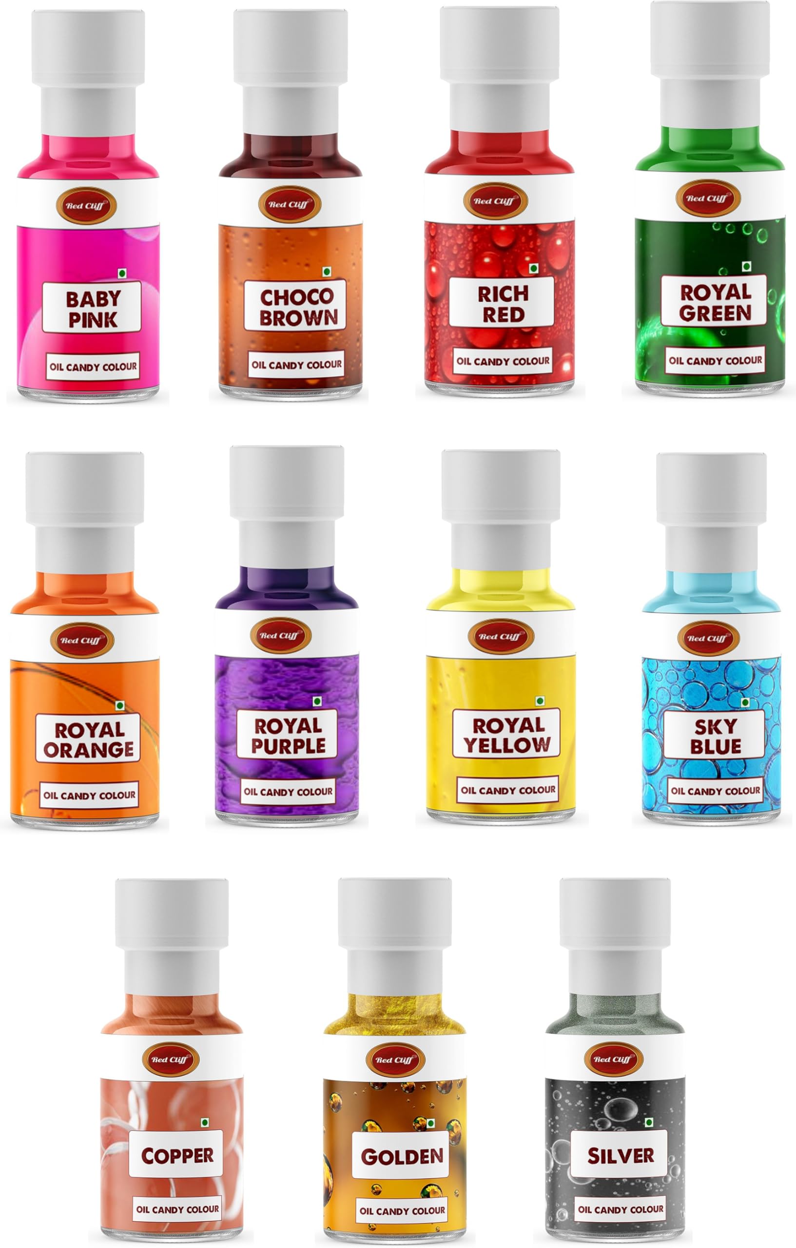 RED CLIFF Edible Oil Candy Color Pink+Red+Brown+Yellow+Green+Orange+Purple+Blue+Gold+Silver+Copper | Combo Pack Of 11 | For Candy Melts, Chocolates & Oil based Products | (11x40ml)