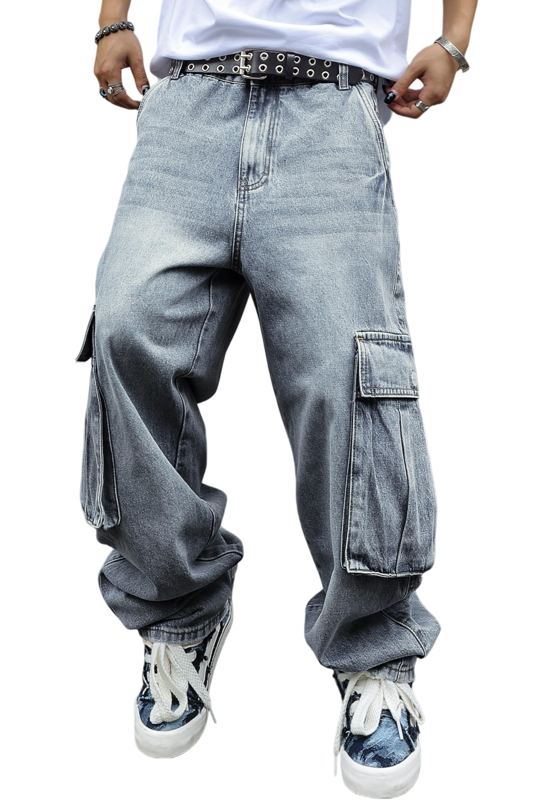 Mens Y2K Hip Hop Baggy Cargo Jeans Loose Fit Wide Leg Denim Pants Casual Streetwear Trousers