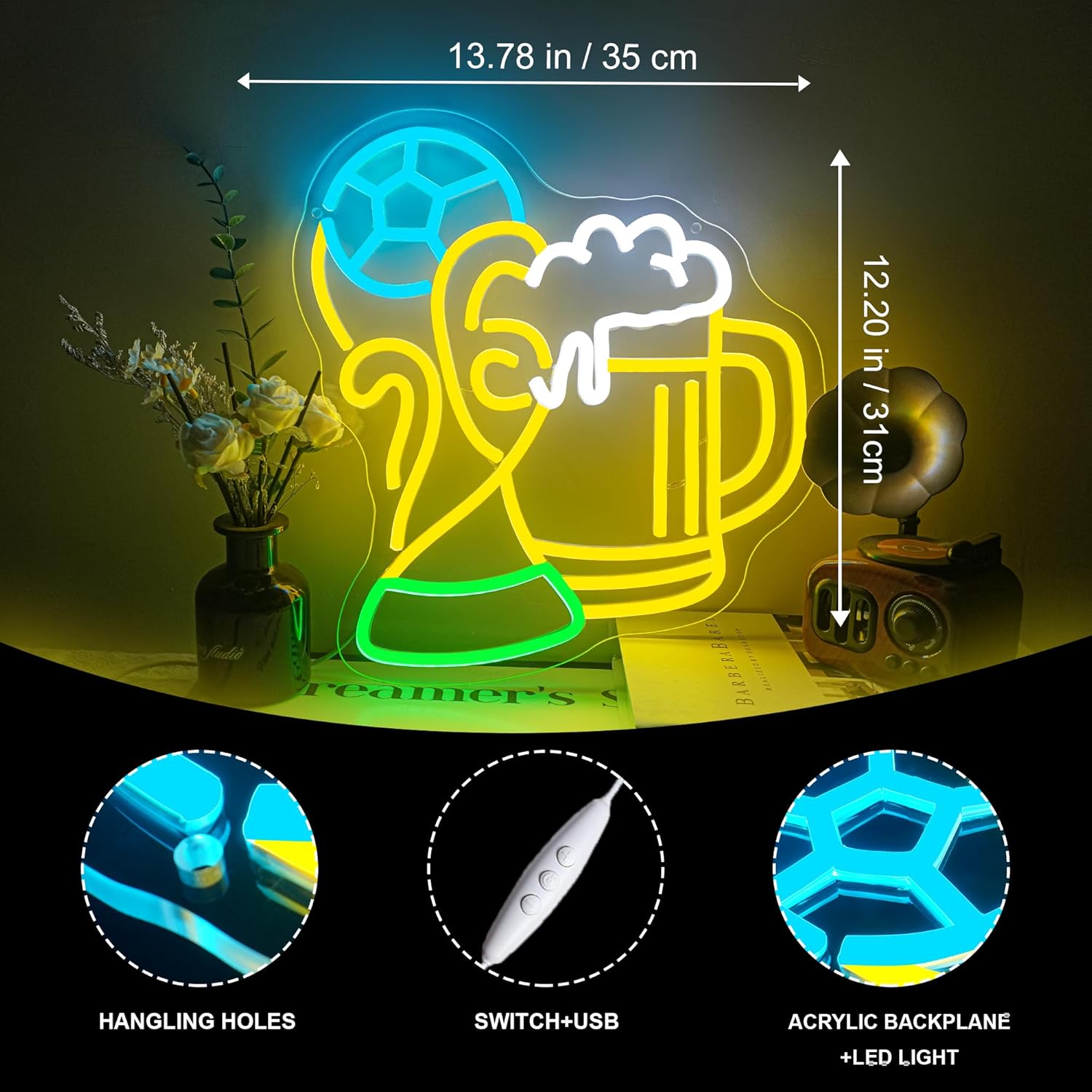 Soccer Beer Neon Sign, Dimmable Football LED Neon Light for Fans, Sports Themed Neon Light Signs for Man Cave Boys Teen Home Bedroom Playroom College Dorm Club Birthday Party Decor