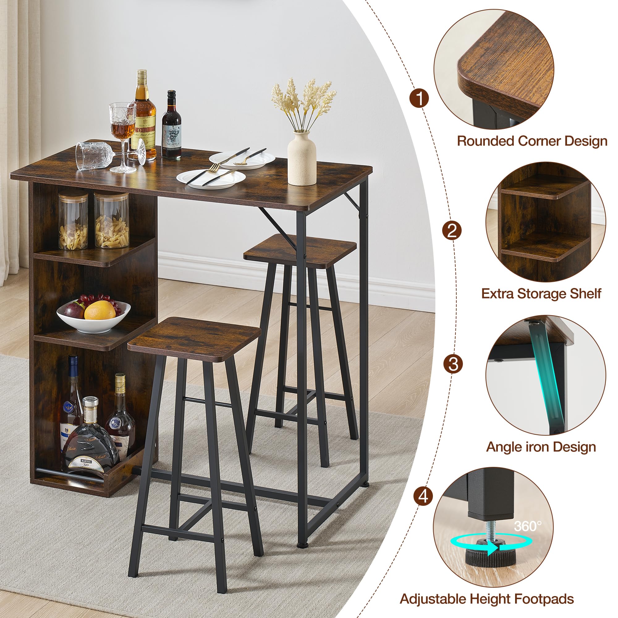Juego de mesa de bar de 3 piezas, mesa de bar con taburete, juego de comedor de cocina con 2 sillas y 3 estantes, para vivienda, cocina, salón, comedor (retro